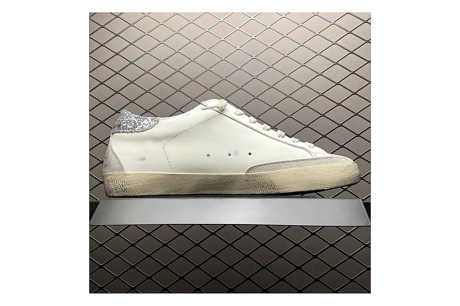 Golden Goose Super-Star White Silver Sheetbase record image with white silver gold super-star distressed low-top with mixed upper and low top shape