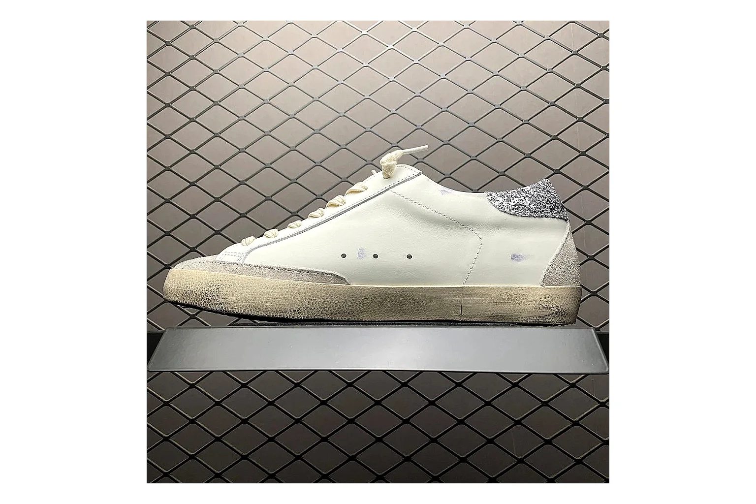 Golden Goose Super-Star White Silver Sheetbase record image with white silver gold super-star distressed low-top with mixed upper and low top shape thumbnail 3