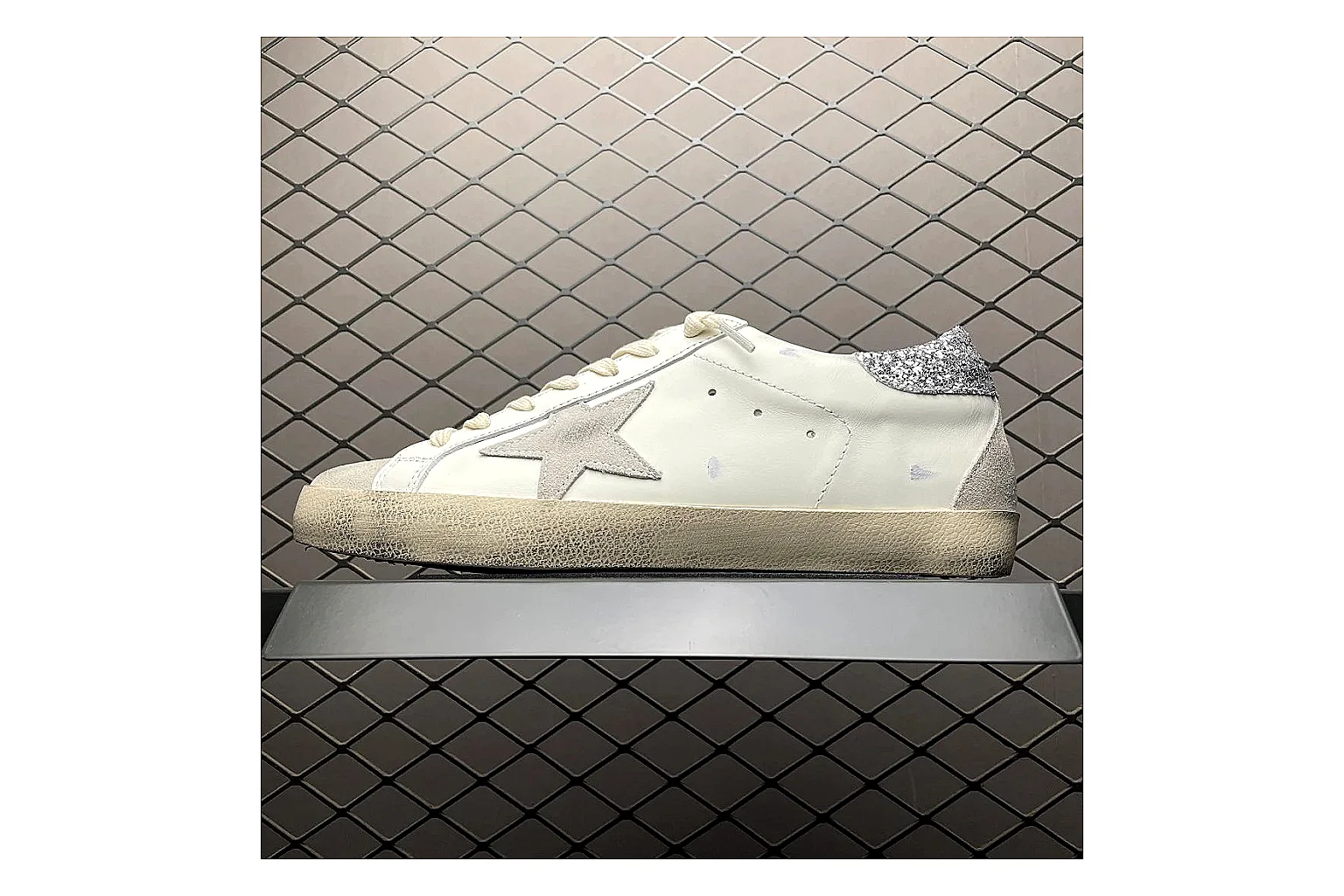 Golden Goose Super-Star White Silver Sheetbase record image with white silver gold super-star distressed low-top with mixed upper and low top shape thumbnail 6