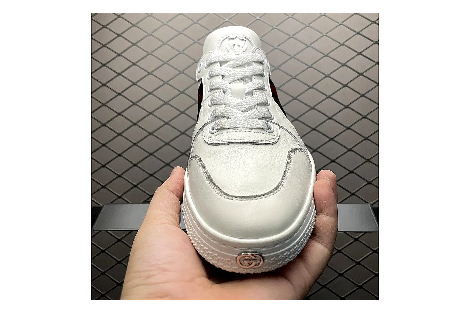 Gucci Ace White Web Stripe Sneaker Sheetbase record image with white red gold ace web-stripe low-top with leather upper and low top shape thumbnail 4