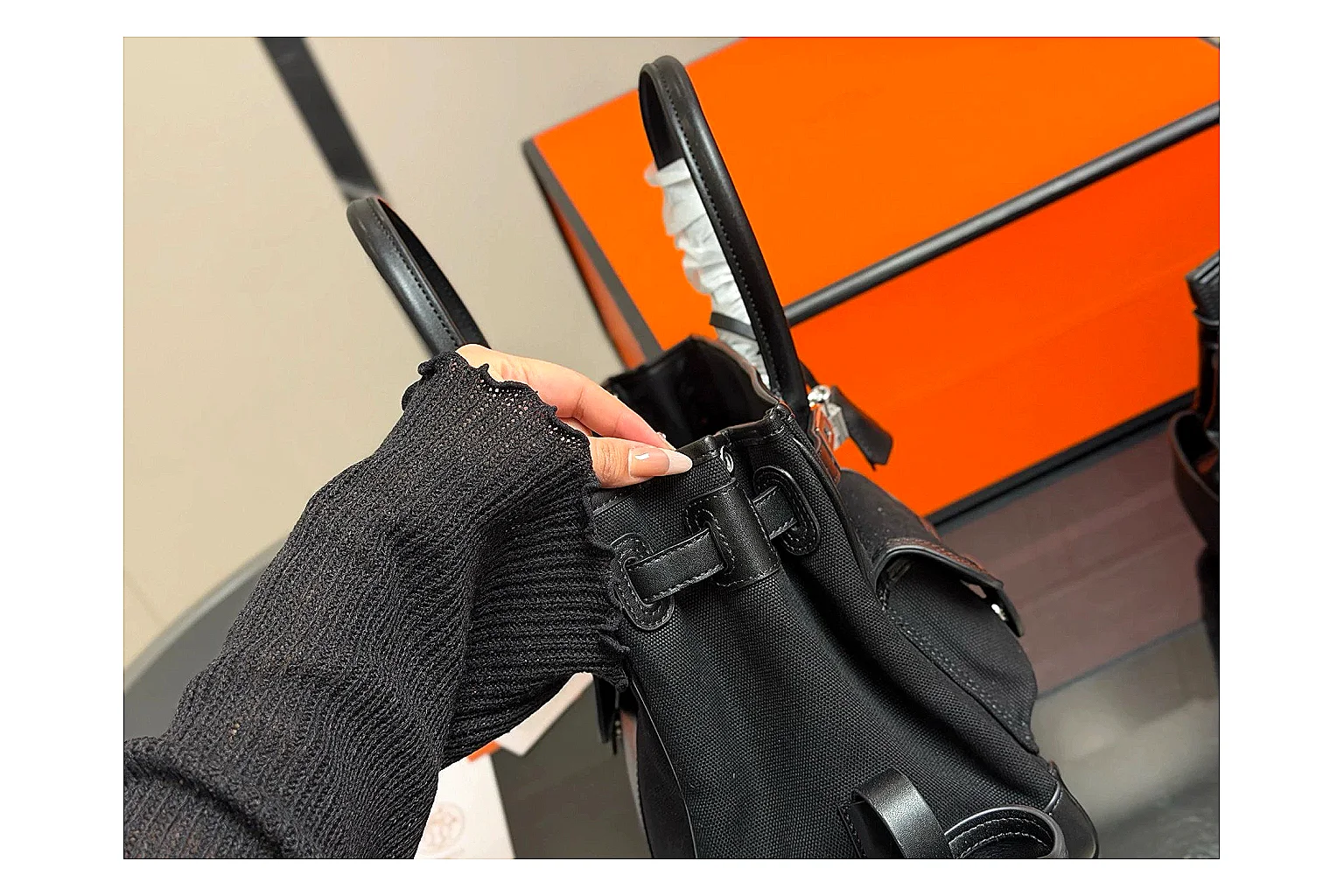 Hermes Birkin Style Black spreadsheet record photo showing black leather structured body, top handles, flap-and-strap shape, and polished hardware thumbnail 3