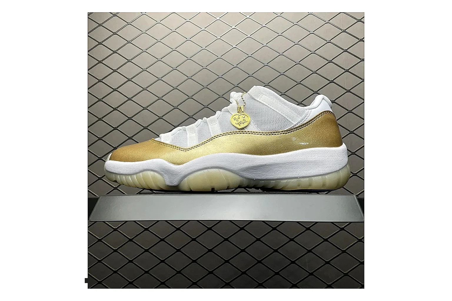 Jordan 11 Low White Gold Sneaker Sheetbase record image with white gold aj11 low sneaker with mixed upper and low top shape