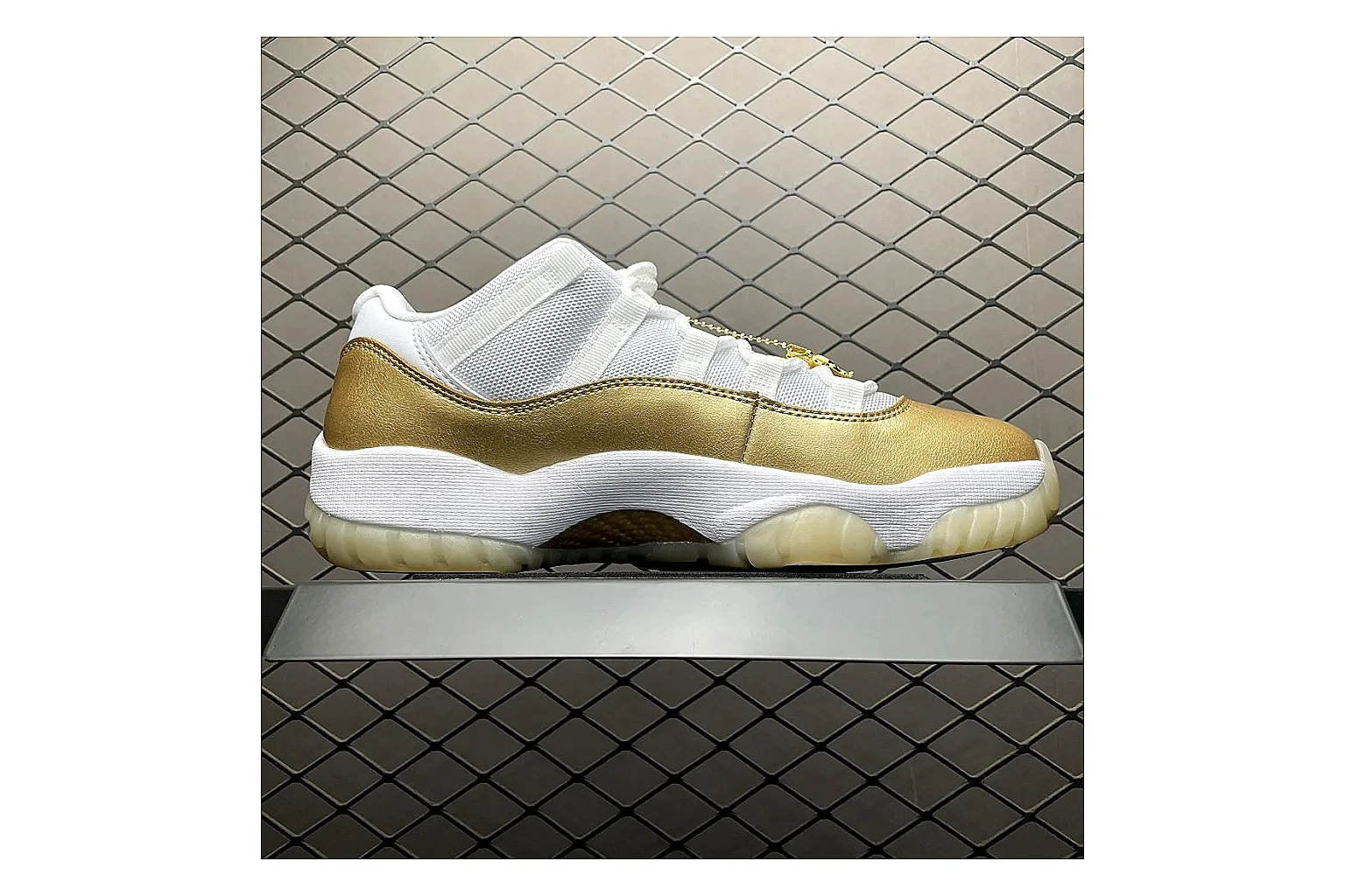 Jordan 11 Low White Gold Sneaker Sheetbase record image with white gold aj11 low sneaker with mixed upper and low top shape thumbnail 2