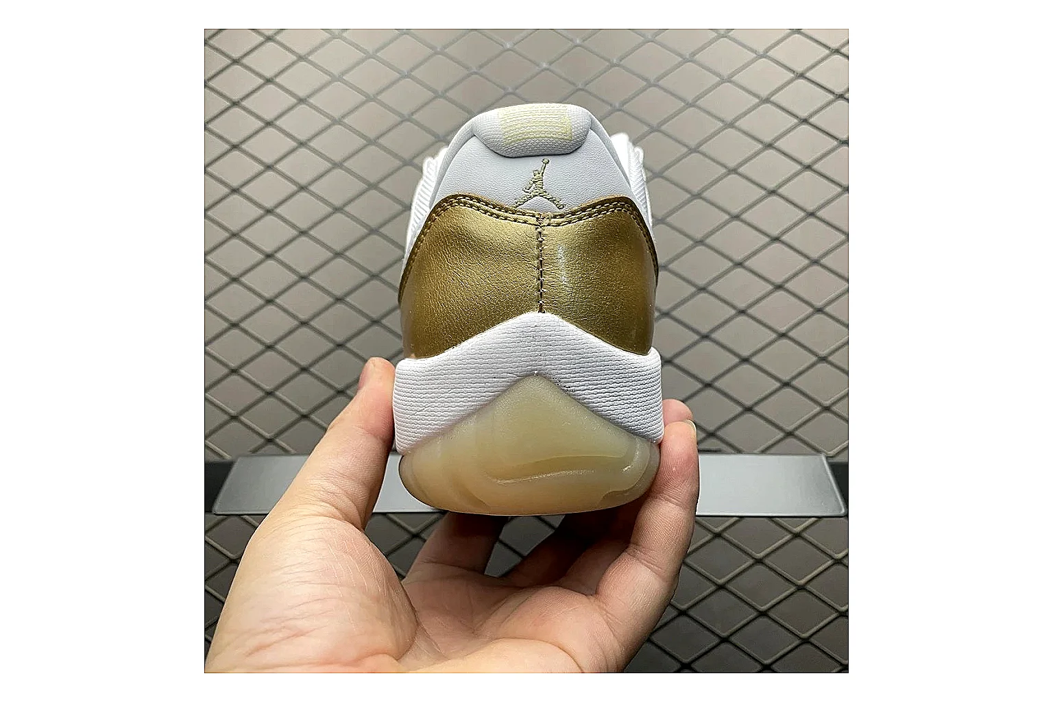 Jordan 11 Low White Gold Sneaker Sheetbase record image with white gold aj11 low sneaker with mixed upper and low top shape thumbnail 6