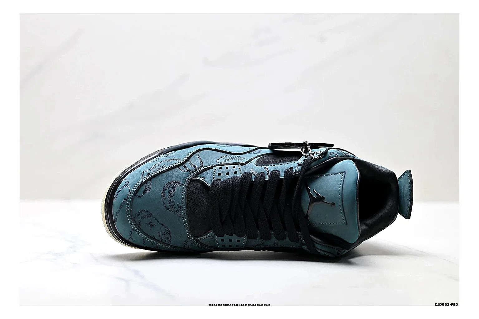Jordan Air Jordan 4 Teal Black Sneakers spreadsheet record image with teal black retro basketball sneakers with nubuck texture, side-profile shape, upper panel lines, and outsole detail thumbnail 2