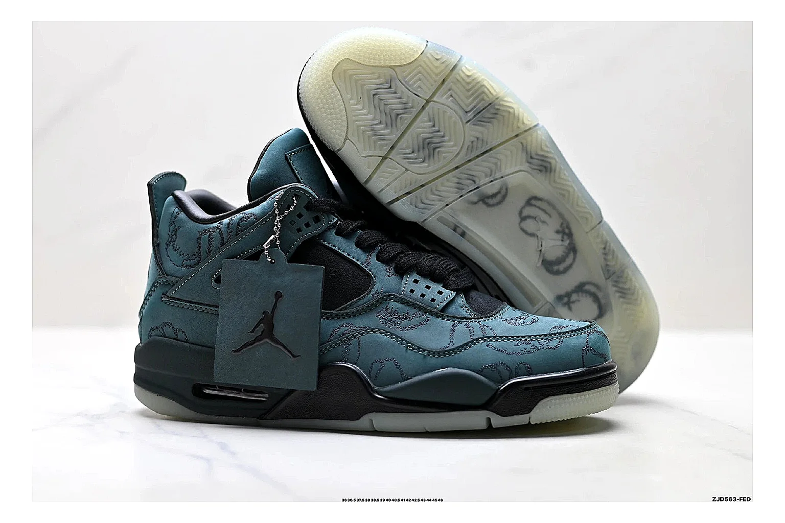 Jordan Air Jordan 4 Teal Black Sneakers spreadsheet record image with teal black retro basketball sneakers with nubuck texture, side-profile shape, upper panel lines, and outsole detail thumbnail 5