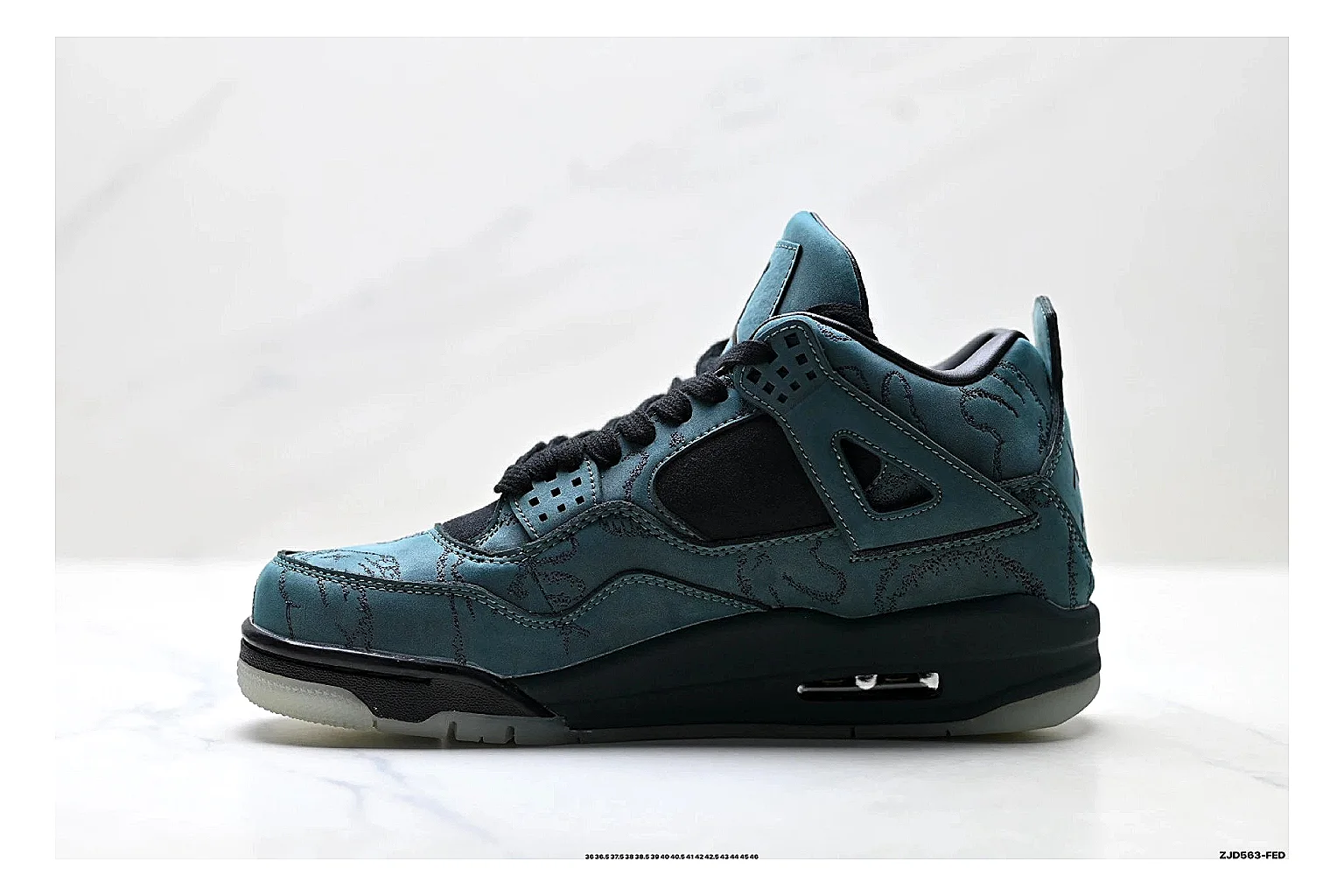 Jordan Air Jordan 4 Teal Black Sneakers spreadsheet record image with teal black retro basketball sneakers with nubuck texture, side-profile shape, upper panel lines, and outsole detail thumbnail 6