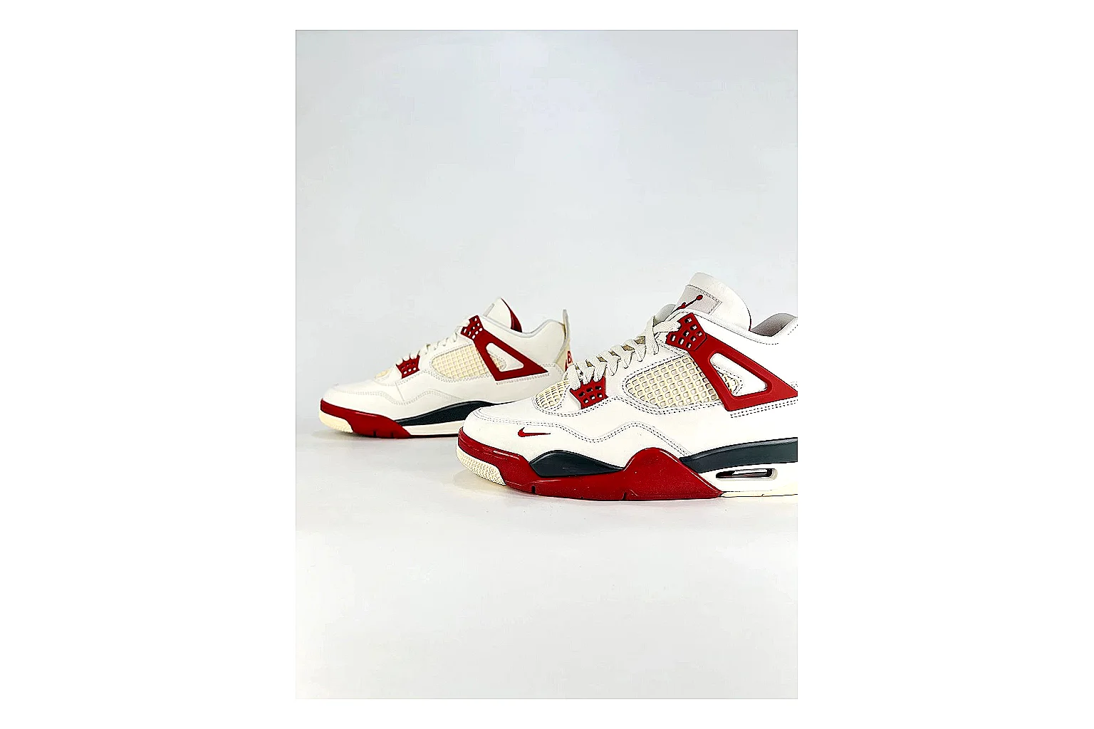 Jordan Air Jordan 4 White Red Sneakers spreadsheet record image with white red retro basketball sneakers with leather texture, side-profile shape, upper panel lines, and outsole detail thumbnail 5