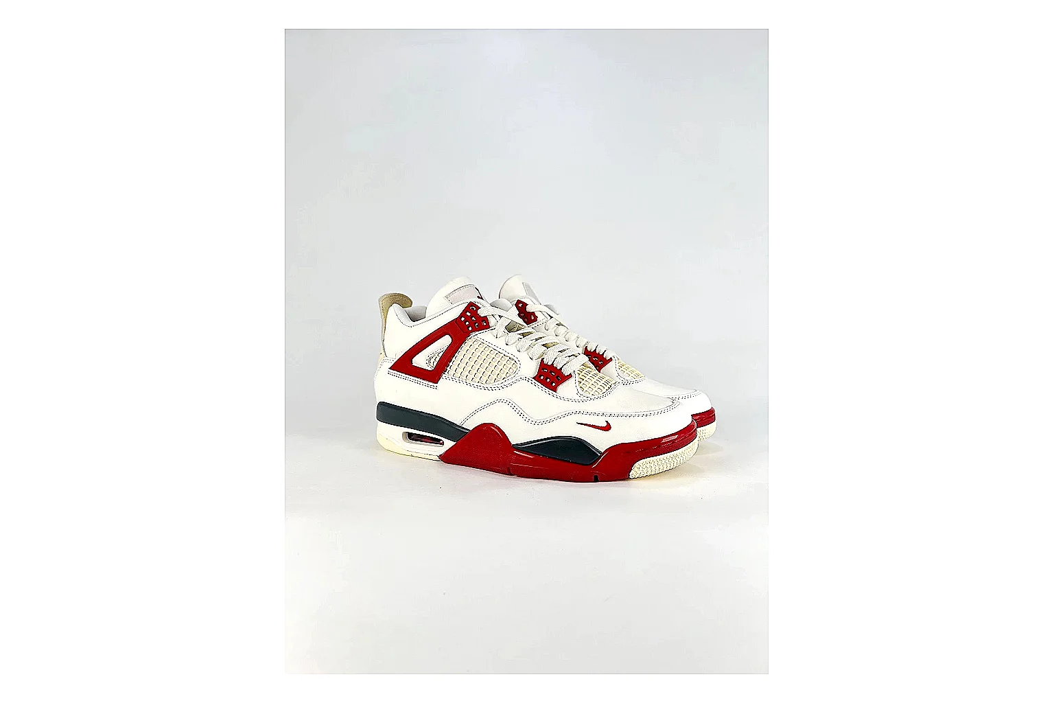 Jordan Air Jordan 4 White Red Sneakers spreadsheet record image with white red retro basketball sneakers with leather texture, side-profile shape, upper panel lines, and outsole detail thumbnail 6