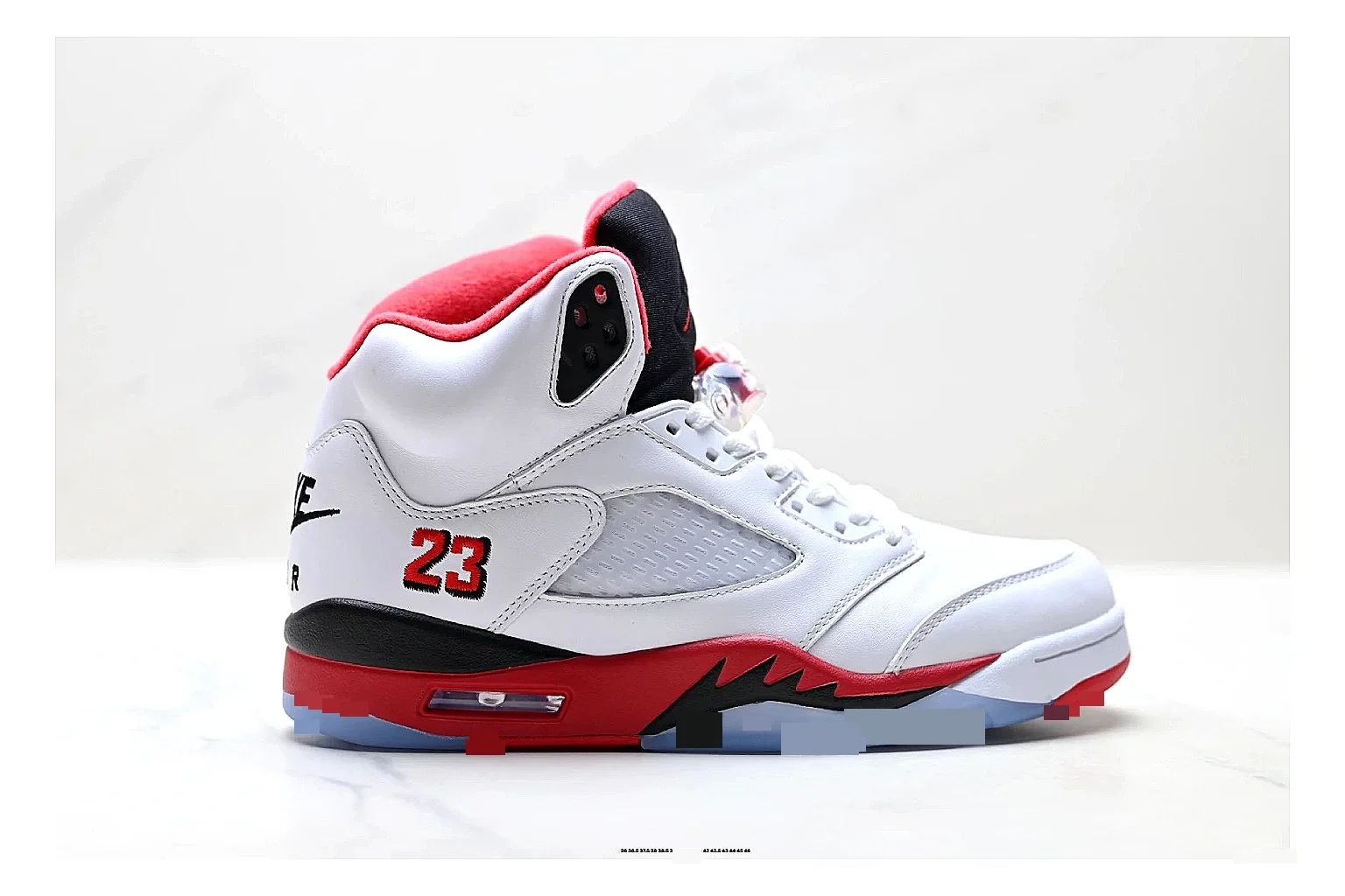 Jordan Air Jordan 5 White Red Sneakers spreadsheet record image with white red retro basketball sneakers with leather texture, side-profile shape, upper panel lines, and outsole detail