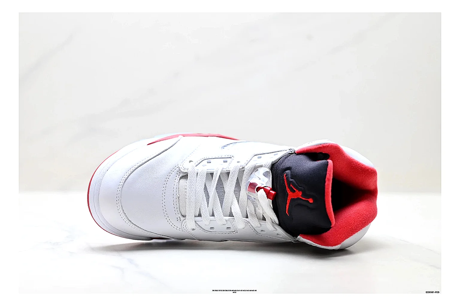 Jordan Air Jordan 5 White Red Sneakers spreadsheet record image with white red retro basketball sneakers with leather texture, side-profile shape, upper panel lines, and outsole detail thumbnail 2