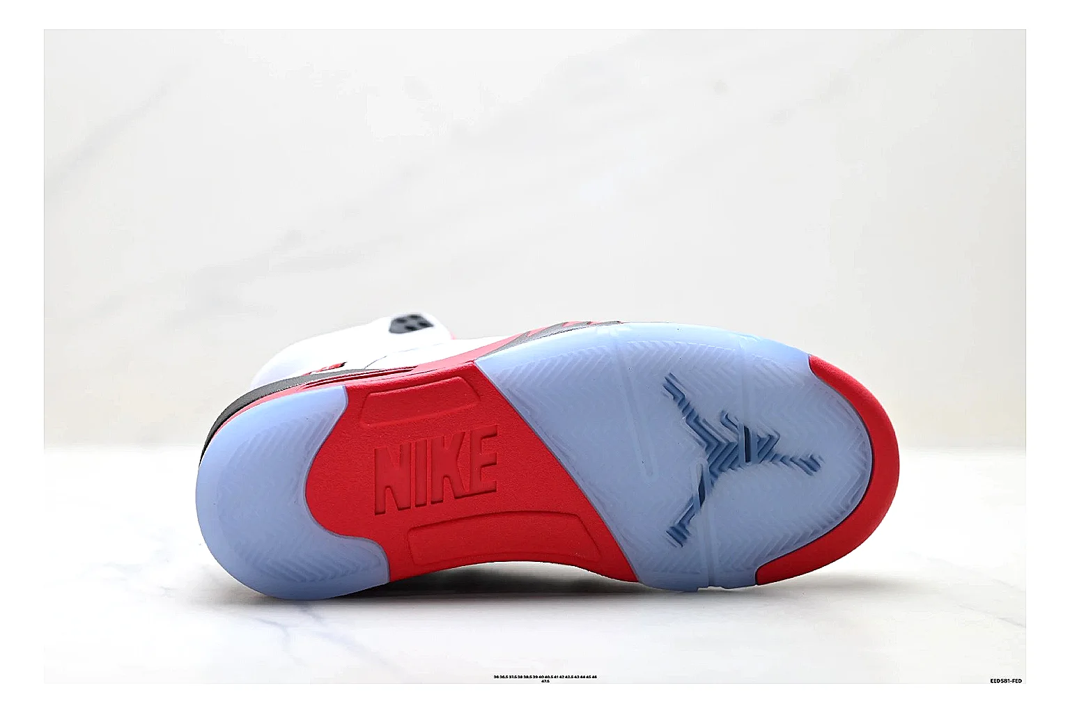 Jordan Air Jordan 5 White Red Sneakers spreadsheet record image with white red retro basketball sneakers with leather texture, side-profile shape, upper panel lines, and outsole detail