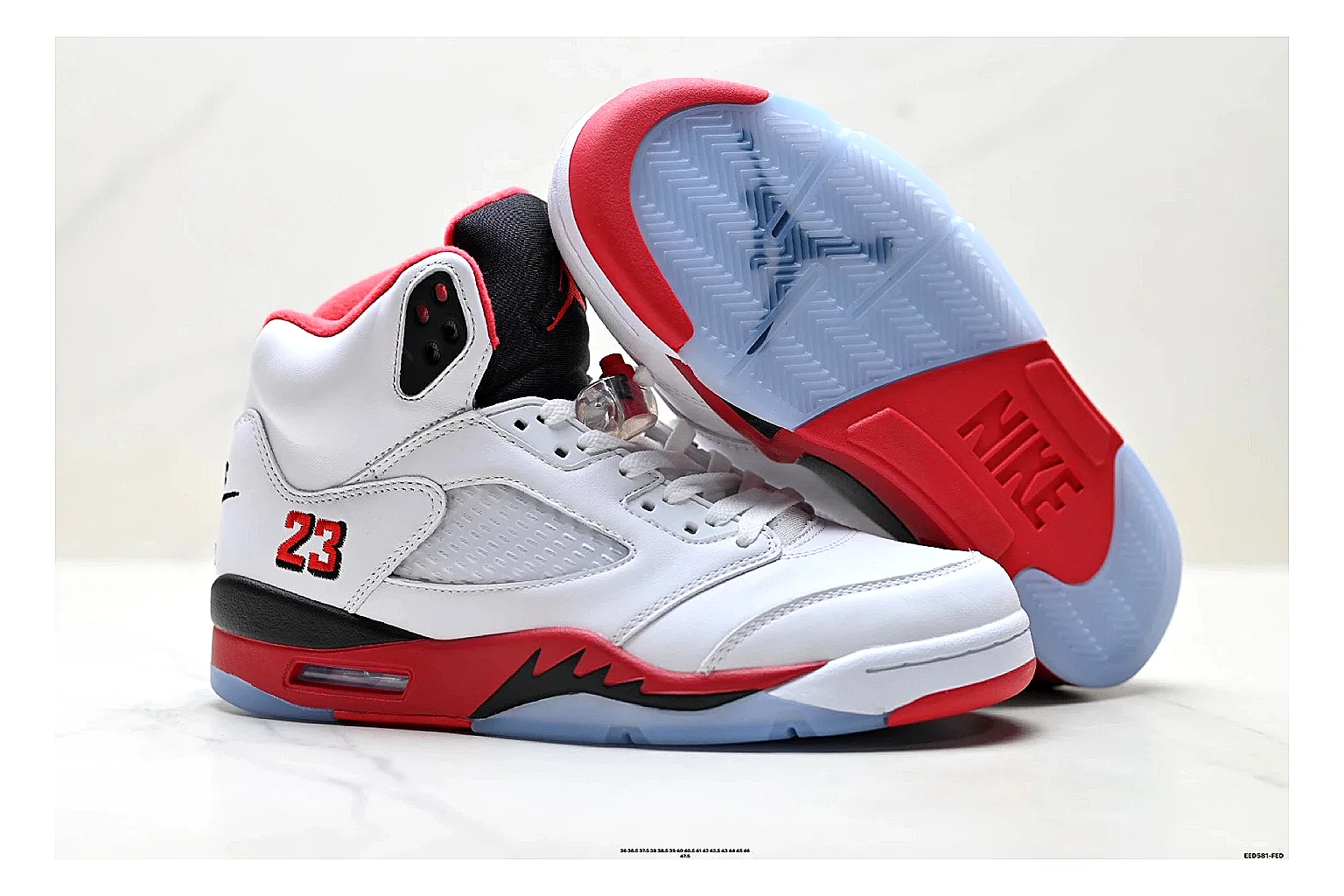 Jordan Air Jordan 5 White Red Sneakers spreadsheet record image with white red retro basketball sneakers with leather texture, side-profile shape, upper panel lines, and outsole detail thumbnail 5