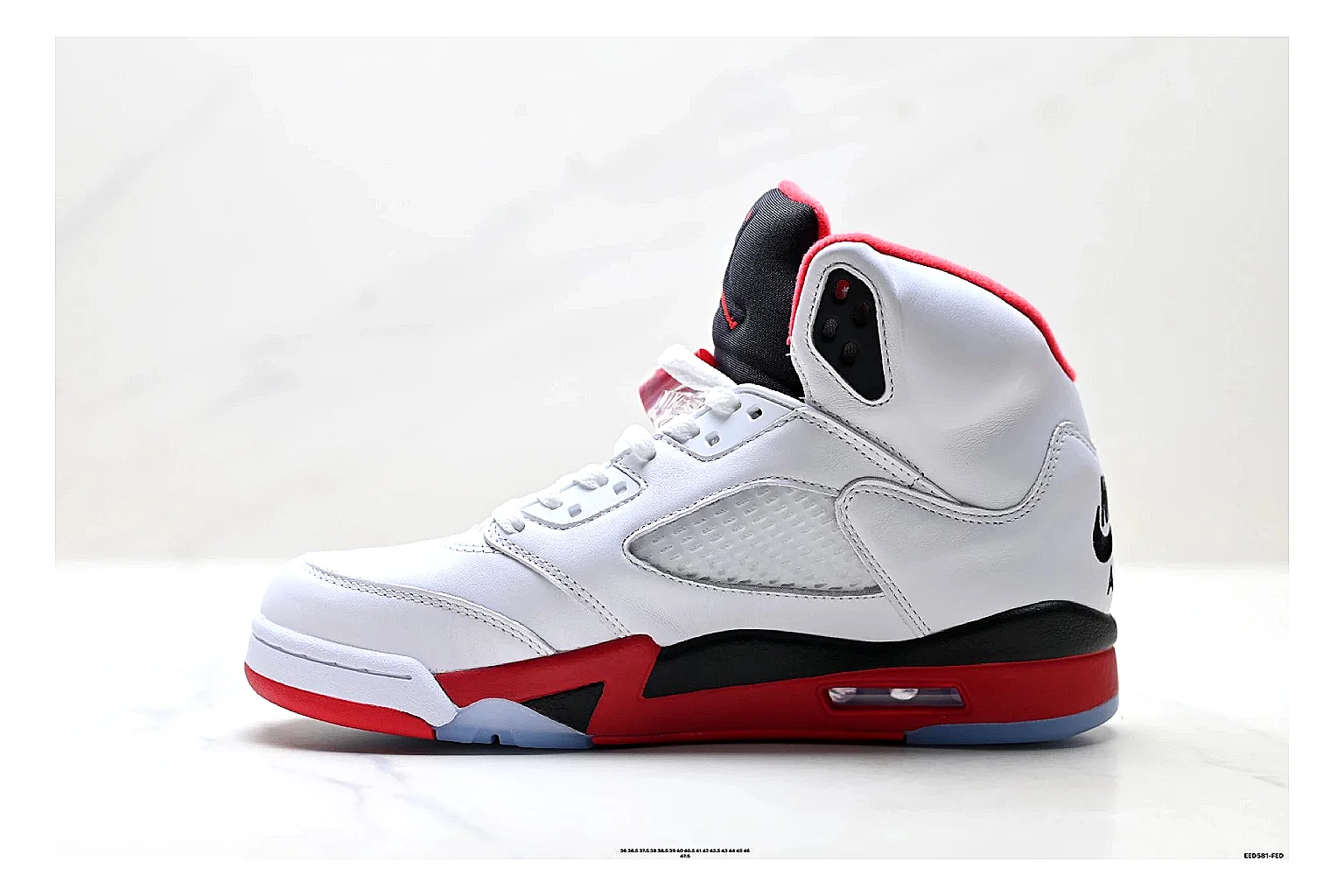 Jordan Air Jordan 5 White Red Sneakers spreadsheet record image with white red retro basketball sneakers with leather texture, side-profile shape, upper panel lines, and outsole detail thumbnail 6