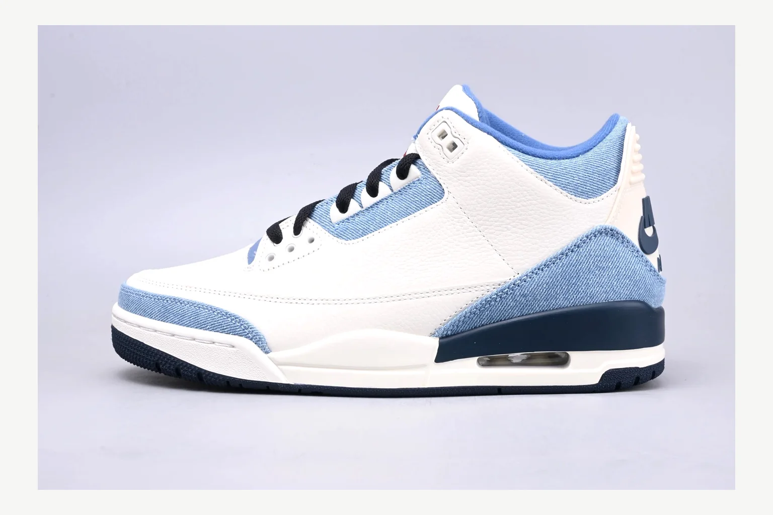 Jordan Air Jordan 3 Blue Sneaker Sheetbase record image with white blue low-top sneaker with mixed-material upper and low-profile shape