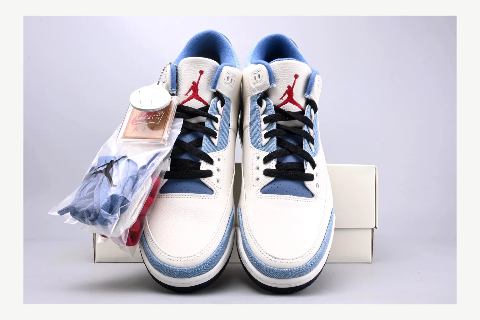 Jordan Air Jordan 3 Blue Sneaker Sheetbase record image with white blue low-top sneaker with mixed-material upper and low-profile shape