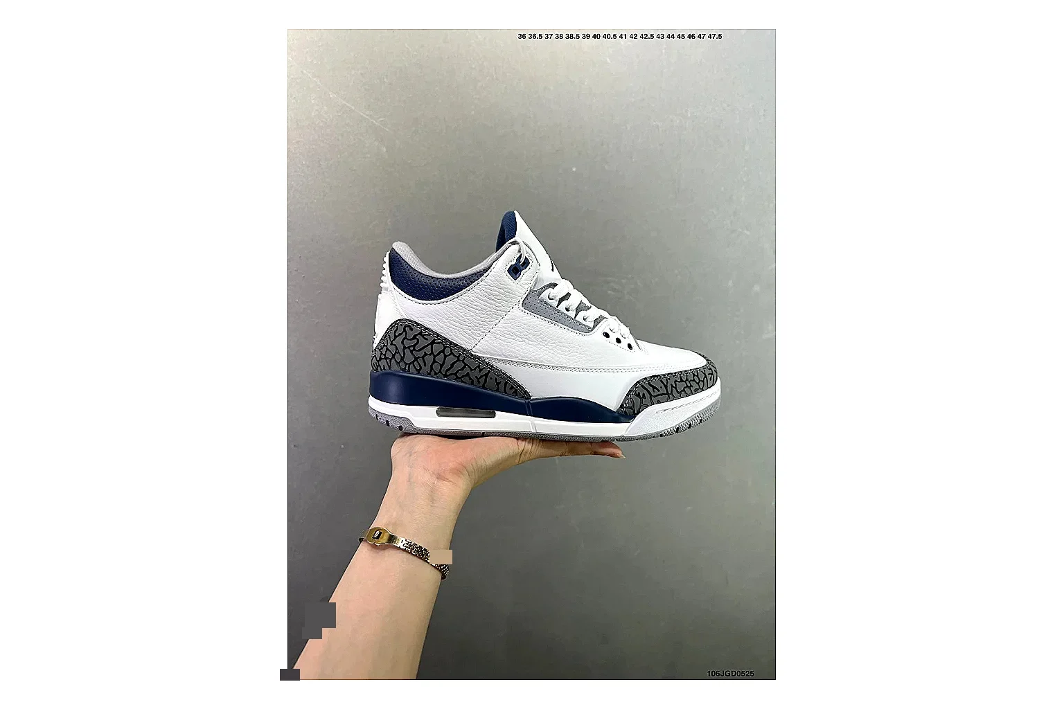 Jordan Air Jordan 3 Midnight Navy Sheetbase record image with white leather upper, navy accents, elephant print panels and visible Air sole for retro sport style