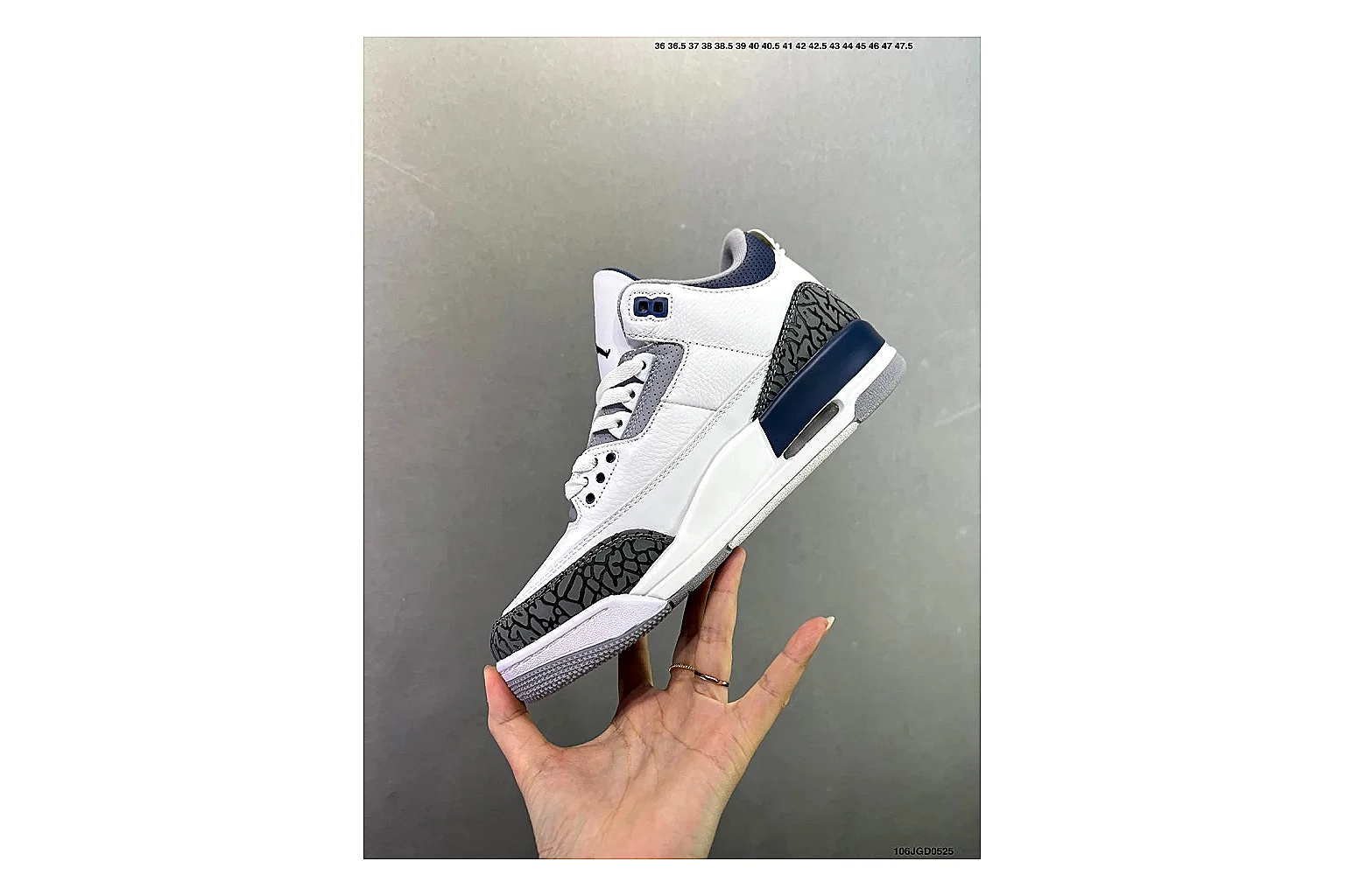 Jordan Air Jordan 3 Midnight Navy Sheetbase record image with white leather upper, navy accents, elephant print panels and visible Air sole for retro sport style thumbnail 2