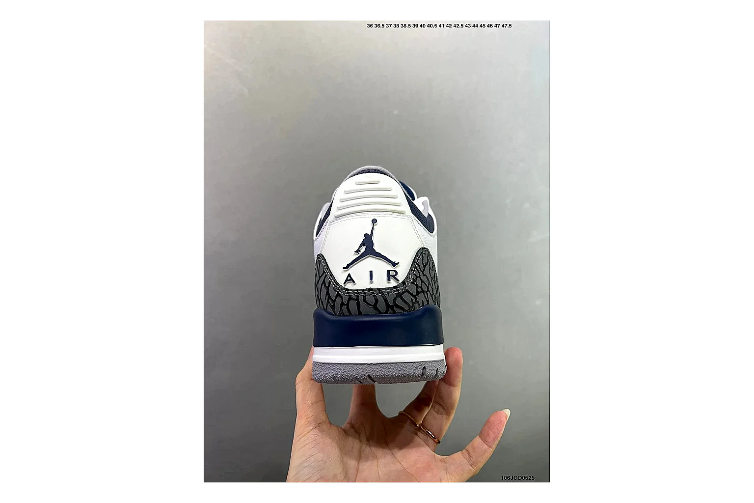 Jordan Air Jordan 3 Midnight Navy Sheetbase record image with white leather upper, navy accents, elephant print panels and visible Air sole for retro sport style thumbnail 3