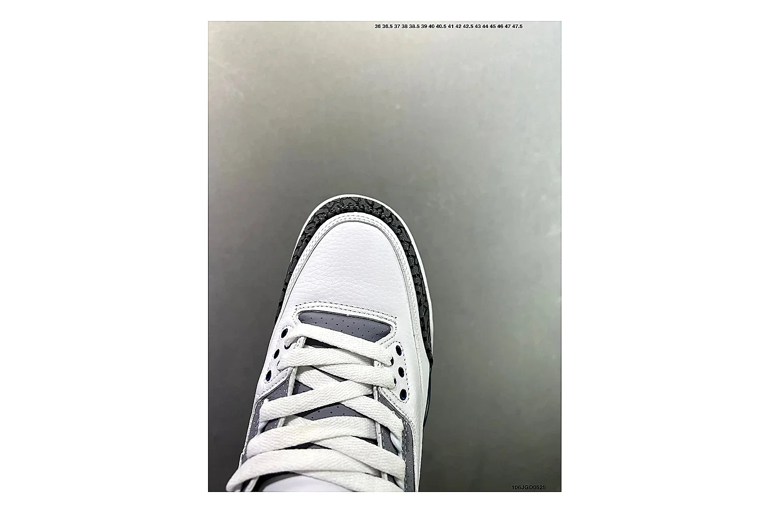 Jordan Air Jordan 3 Midnight Navy Sheetbase record image with white leather upper, navy accents, elephant print panels and visible Air sole for retro sport style