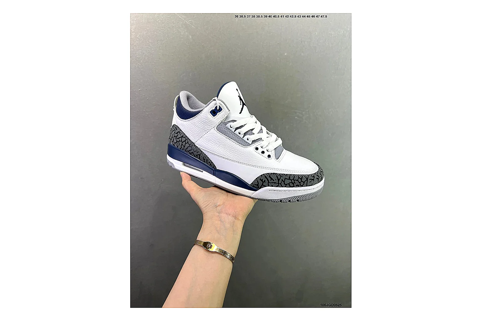 Jordan Air Jordan 3 Midnight Navy Sheetbase record image with white leather upper, navy accents, elephant print panels and visible Air sole for retro sport style thumbnail 6