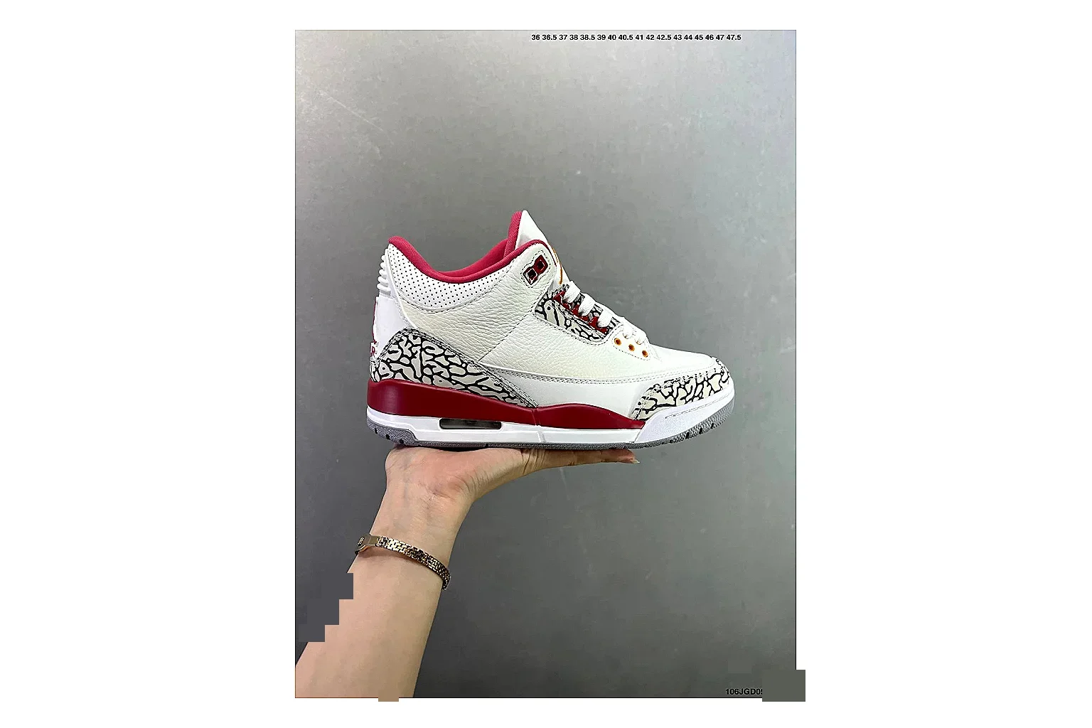 Jordan Air Jordan 3 White Red Cement Sheetbase record image with white leather upper, red accents, elephant print panels and visible Air sole for classic retro style