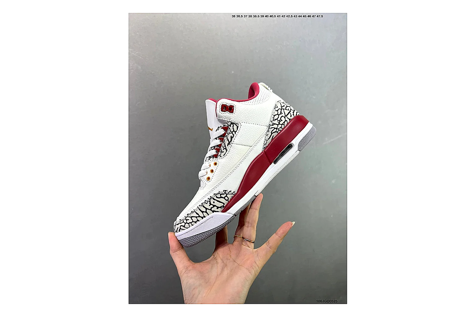 Jordan Air Jordan 3 White Red Cement Sheetbase record image with white leather upper, red accents, elephant print panels and visible Air sole for classic retro style thumbnail 2