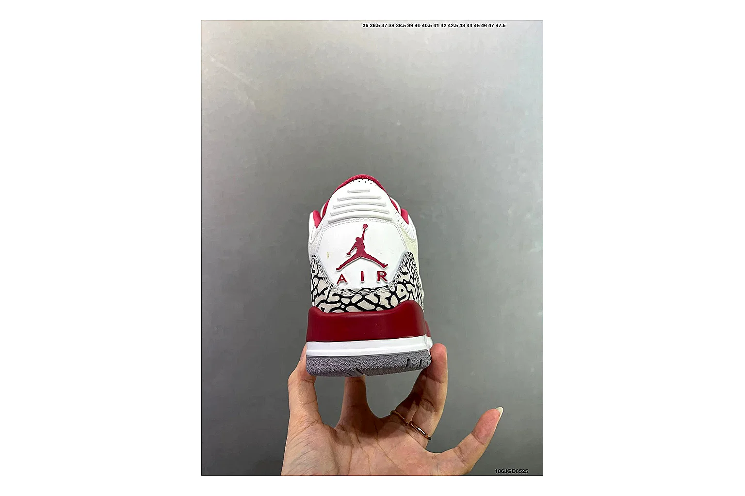 Jordan Air Jordan 3 White Red Cement Sheetbase record image with white leather upper, red accents, elephant print panels and visible Air sole for classic retro style thumbnail 3