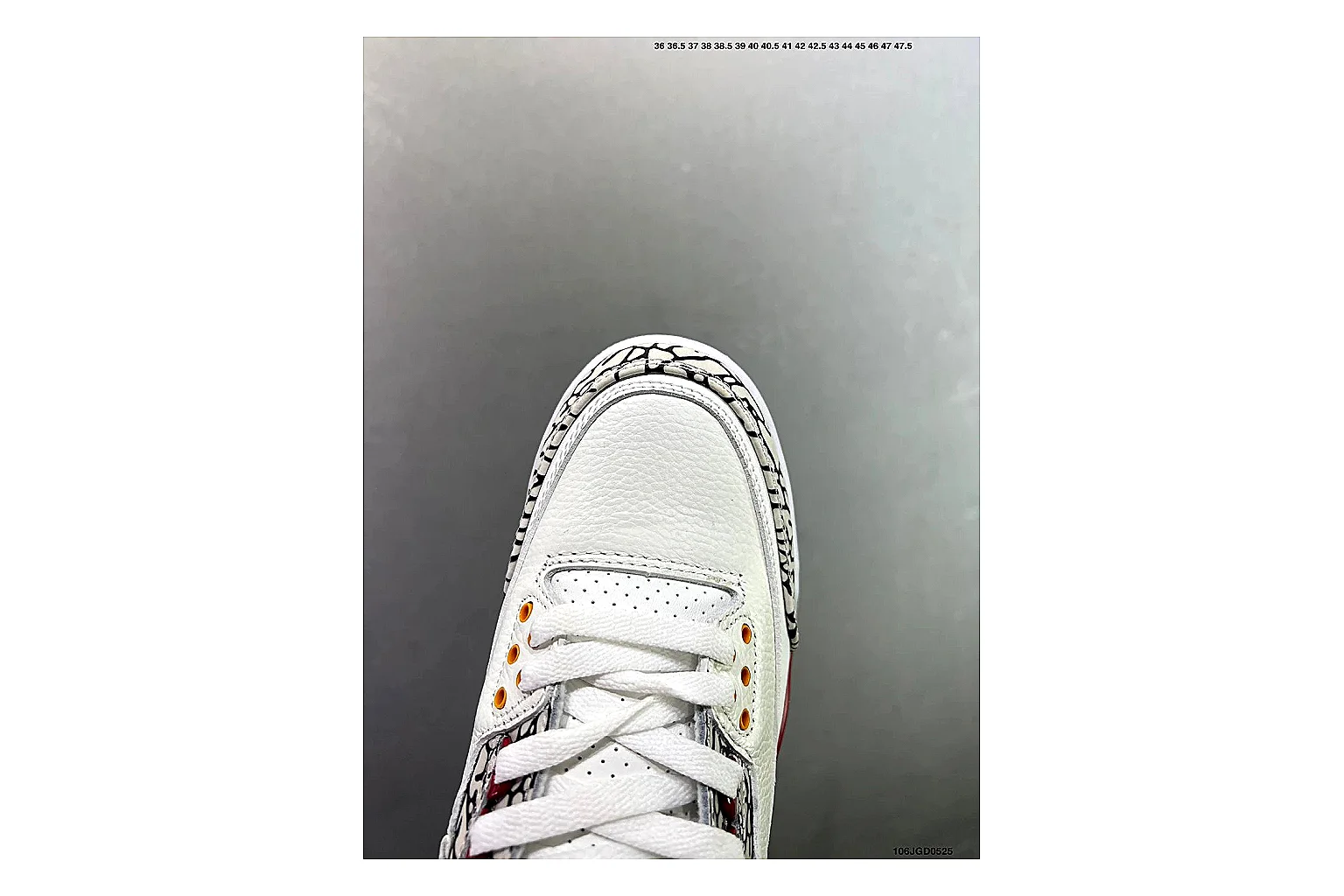 Jordan Air Jordan 3 White Red Cement Sheetbase record image with white leather upper, red accents, elephant print panels and visible Air sole for classic retro style