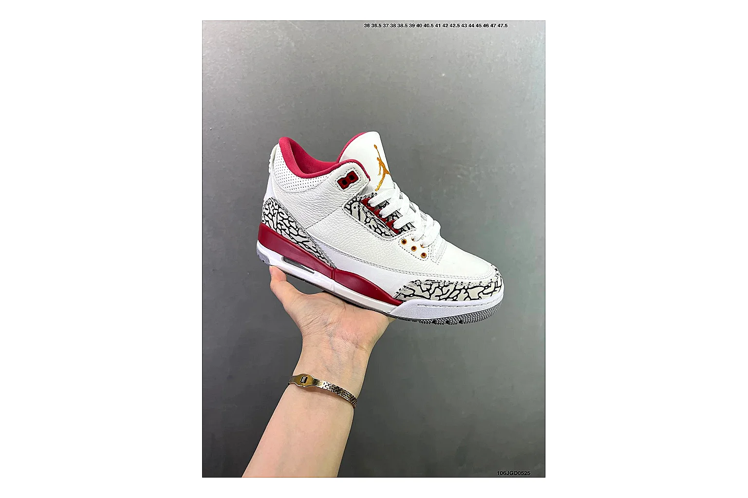 Jordan Air Jordan 3 White Red Cement Sheetbase record image with white leather upper, red accents, elephant print panels and visible Air sole for classic retro style thumbnail 6