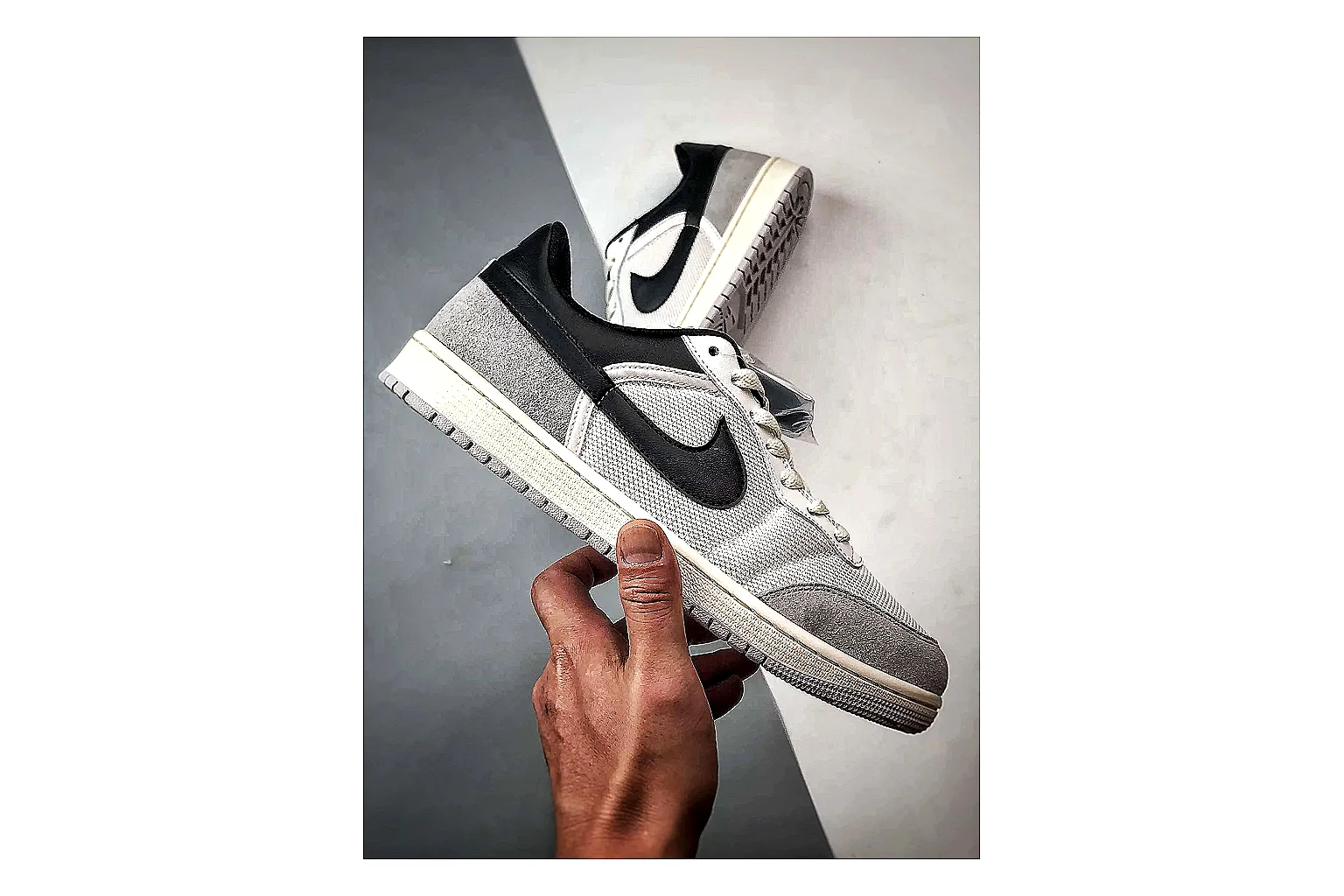 Jordan Low Black White Sneaker Sheetbase record image with white black low-top sneaker with mixed-material upper and low-profile shape thumbnail 3
