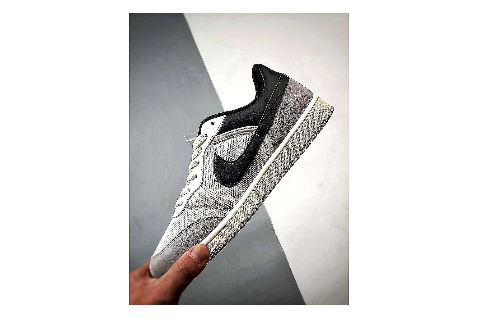 Jordan Low Black White Sneaker Sheetbase record image with white black low-top sneaker with mixed-material upper and low-profile shape thumbnail 5