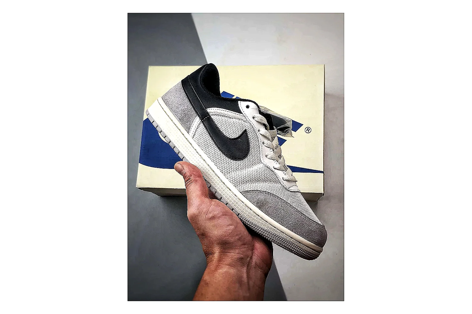 Jordan Low Black White Sneaker Sheetbase record image with white black low-top sneaker with mixed-material upper and low-profile shape thumbnail 6