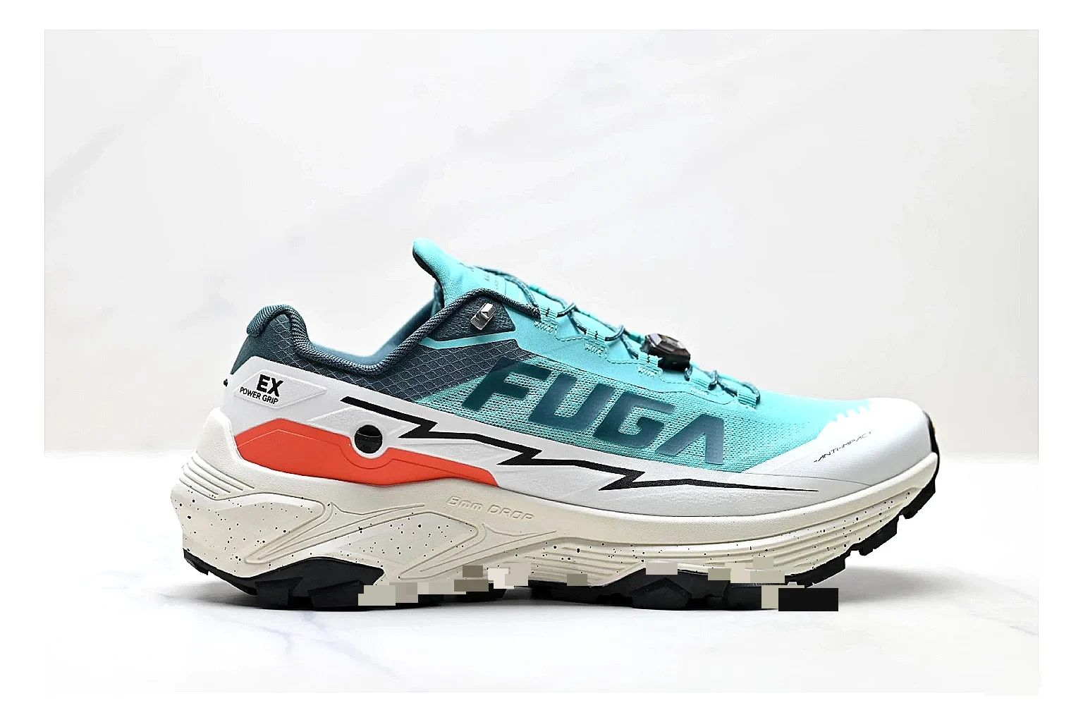 Kailas Fuga Aqua White Sneakers spreadsheet record image with aqua white outdoor running shoes with mesh texture, side-profile shape, upper panel lines, and outsole detail