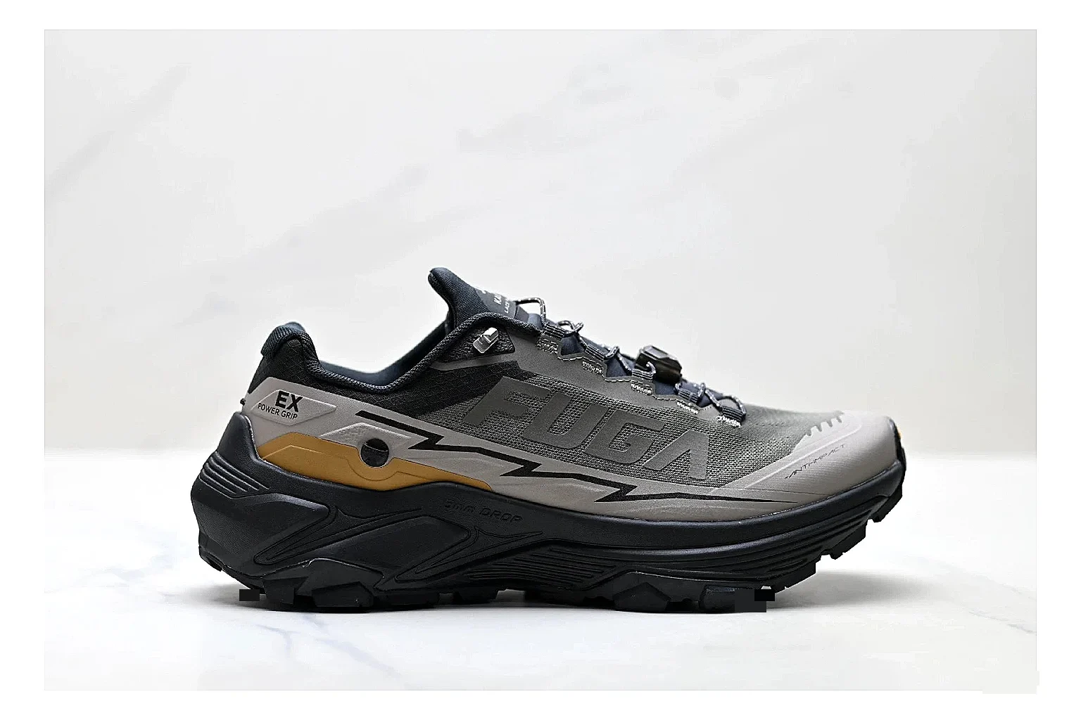 Kailas Fuga Gray Gold Sneakers spreadsheet record image with gray gold outdoor running shoes with mesh texture, side-profile shape, upper panel lines, and outsole detail