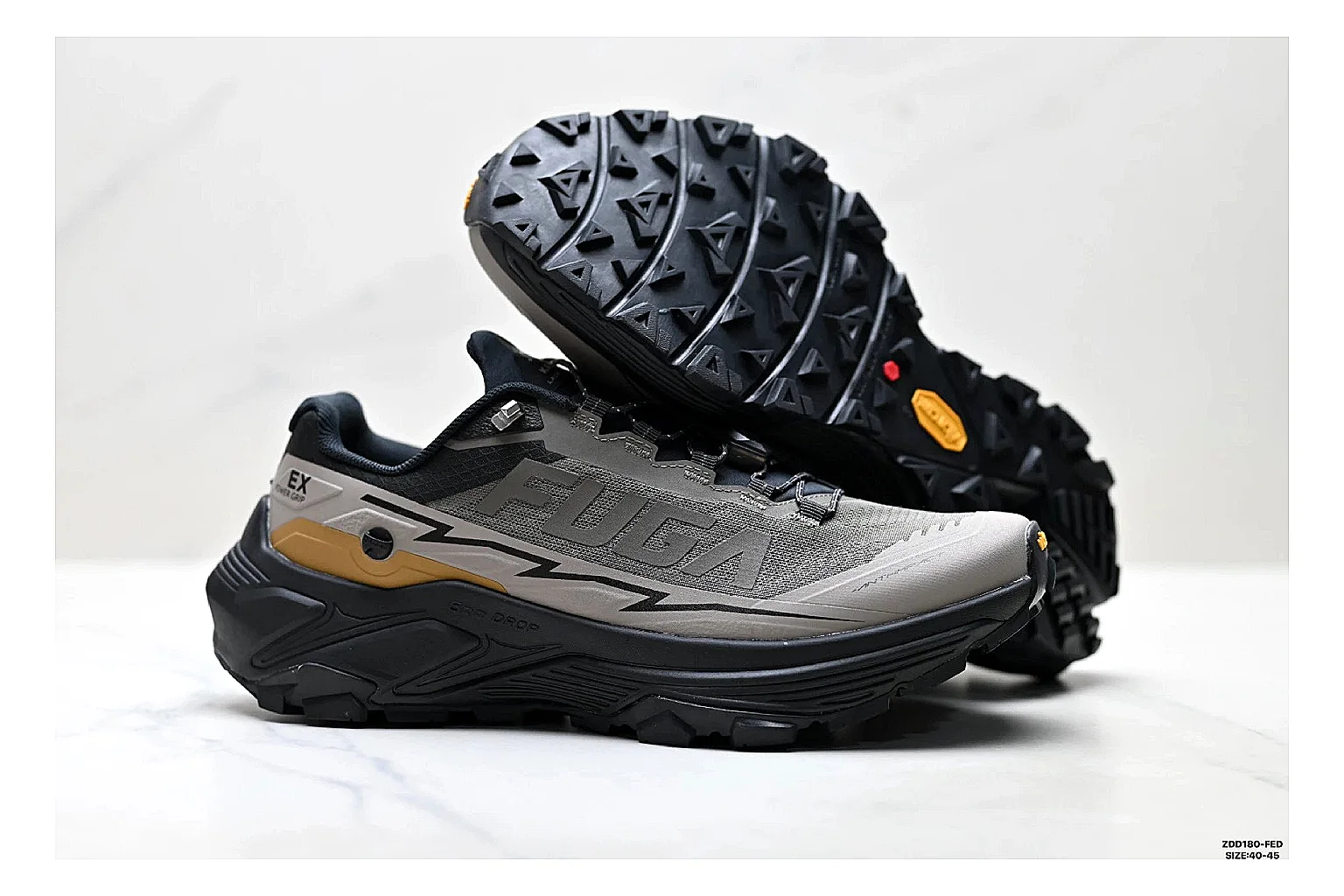 Kailas Fuga Gray Gold Sneakers spreadsheet record image with gray gold outdoor running shoes with mesh texture, side-profile shape, upper panel lines, and outsole detail thumbnail 5