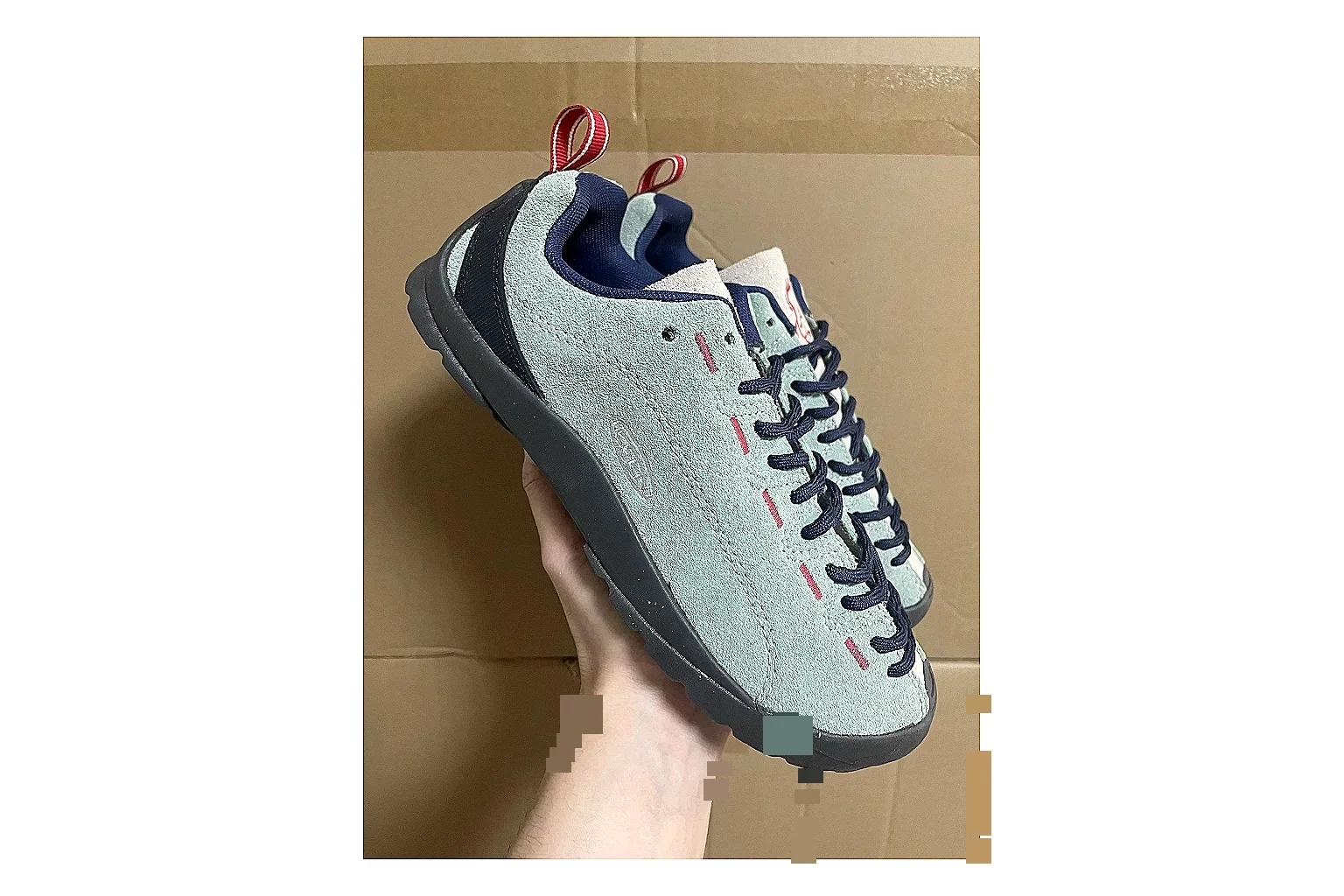 KEEN Jasper Runner Gray Blue spreadsheet record photo showing gray mesh-suede runner upper, blue accents, outdoor-runner profile, and rugged casual sole