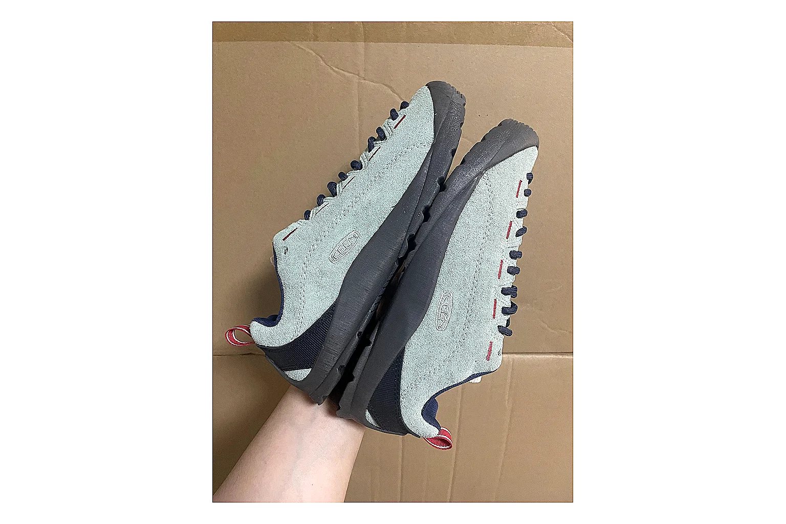 KEEN Jasper Runner Gray Blue spreadsheet record photo showing gray mesh-suede runner upper, blue accents, outdoor-runner profile, and rugged casual sole thumbnail 3