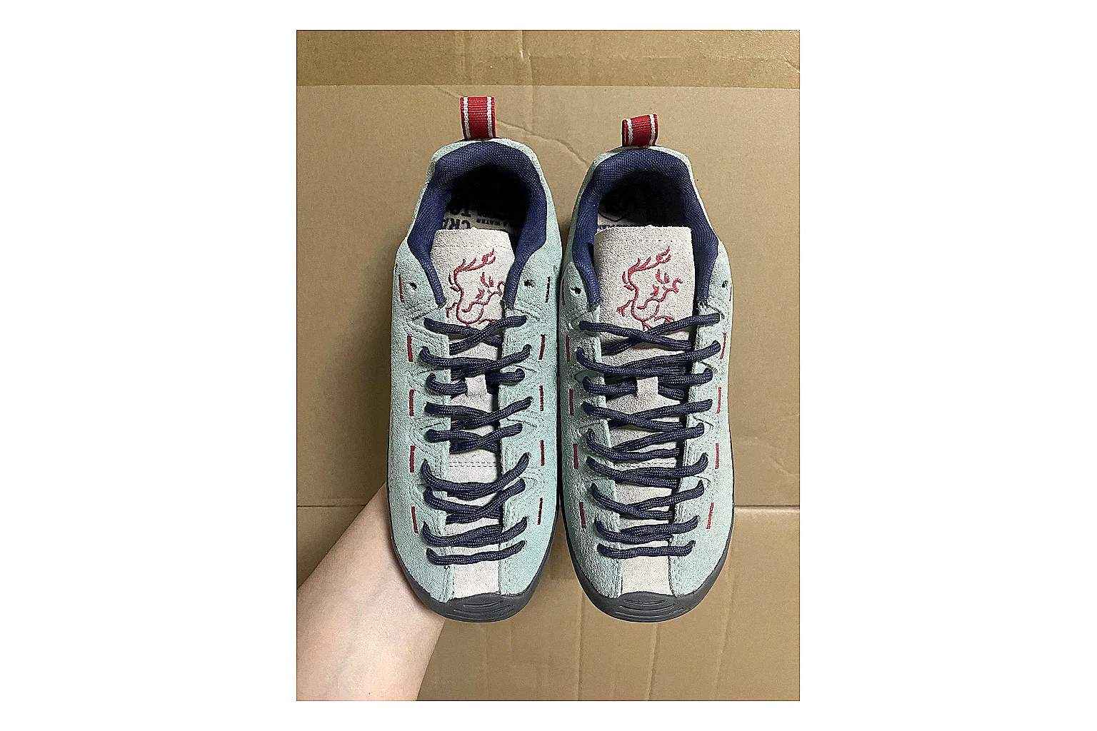KEEN Jasper Runner Gray Blue spreadsheet record photo showing gray mesh-suede runner upper, blue accents, outdoor-runner profile, and rugged casual sole thumbnail 6