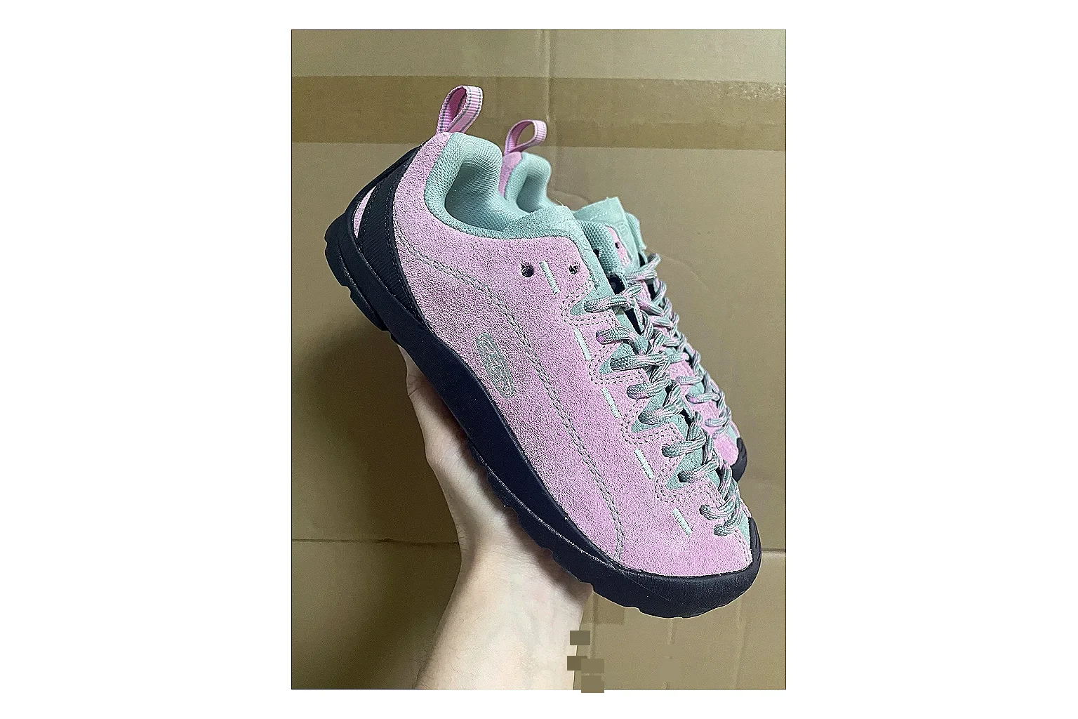 KEEN Jasper Runner Pink Navy spreadsheet record photo showing pink navy mesh-suede upper, outdoor runner shape, protective front profile, and trail-casual sole