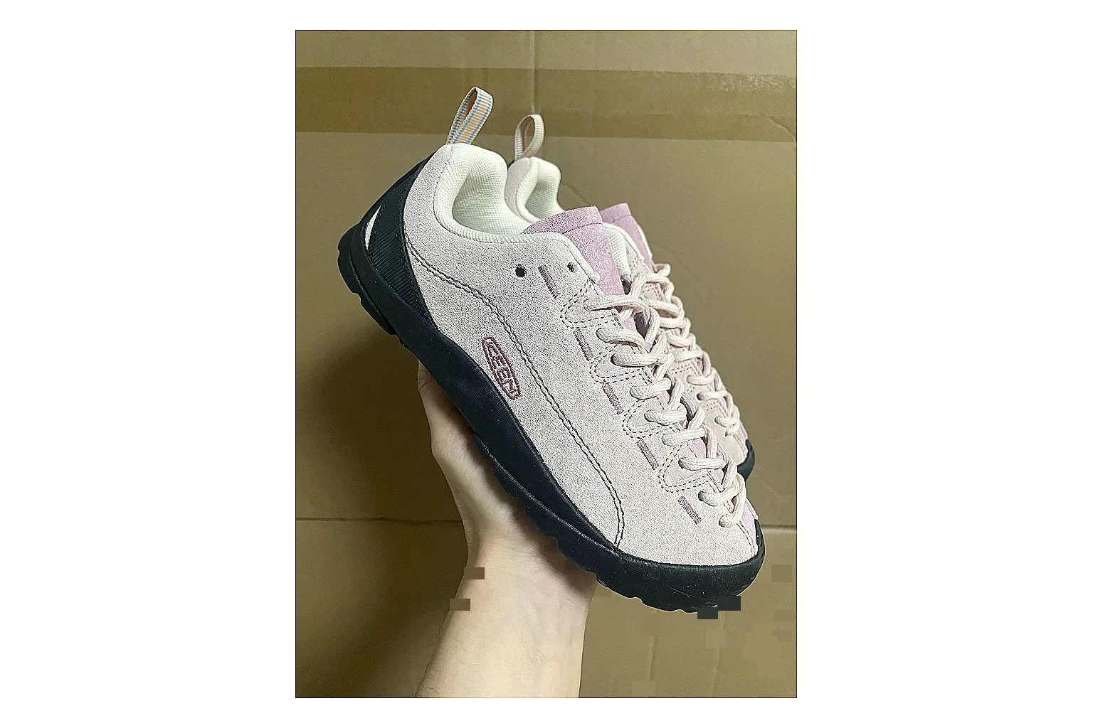 KEEN Jasper Runner White Purple spreadsheet record photo showing white mesh-suede runner upper, purple accents, outdoor-runner shape, and trail-casual sole