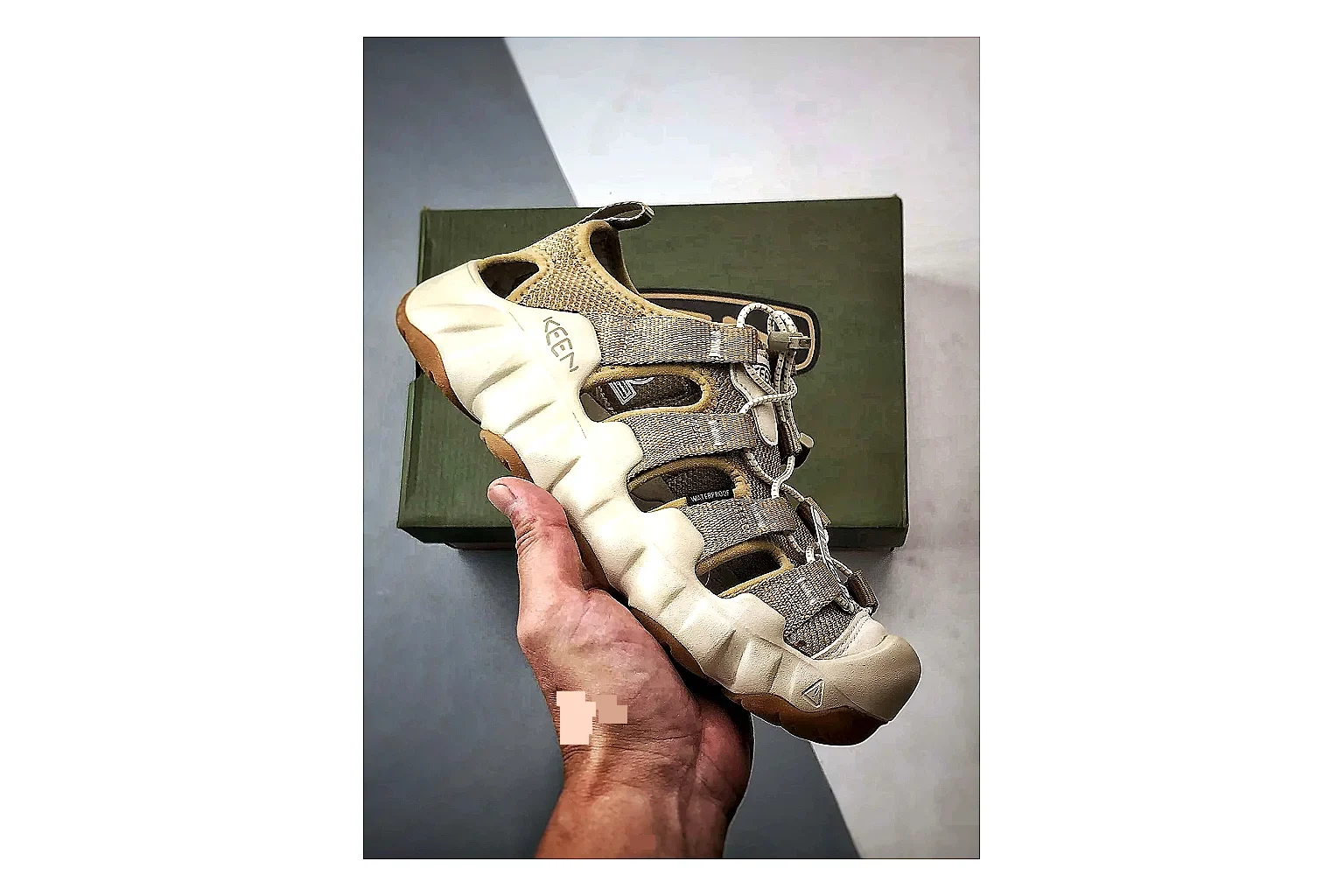 KEEN Jasper Sandal Beige Taupe spreadsheet record photo showing beige taupe suede-mesh upper, outdoor sandal shape, protective toe area, and trail-casual sole