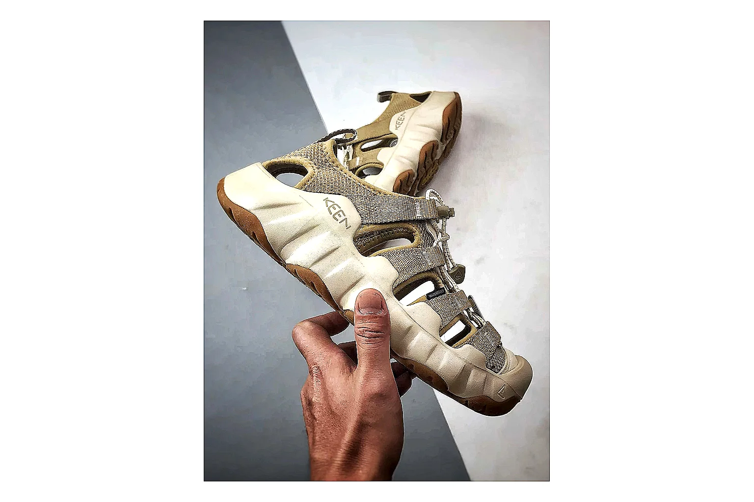 KEEN Jasper Sandal Beige Taupe spreadsheet record photo showing beige taupe suede-mesh upper, outdoor sandal shape, protective toe area, and trail-casual sole thumbnail 4