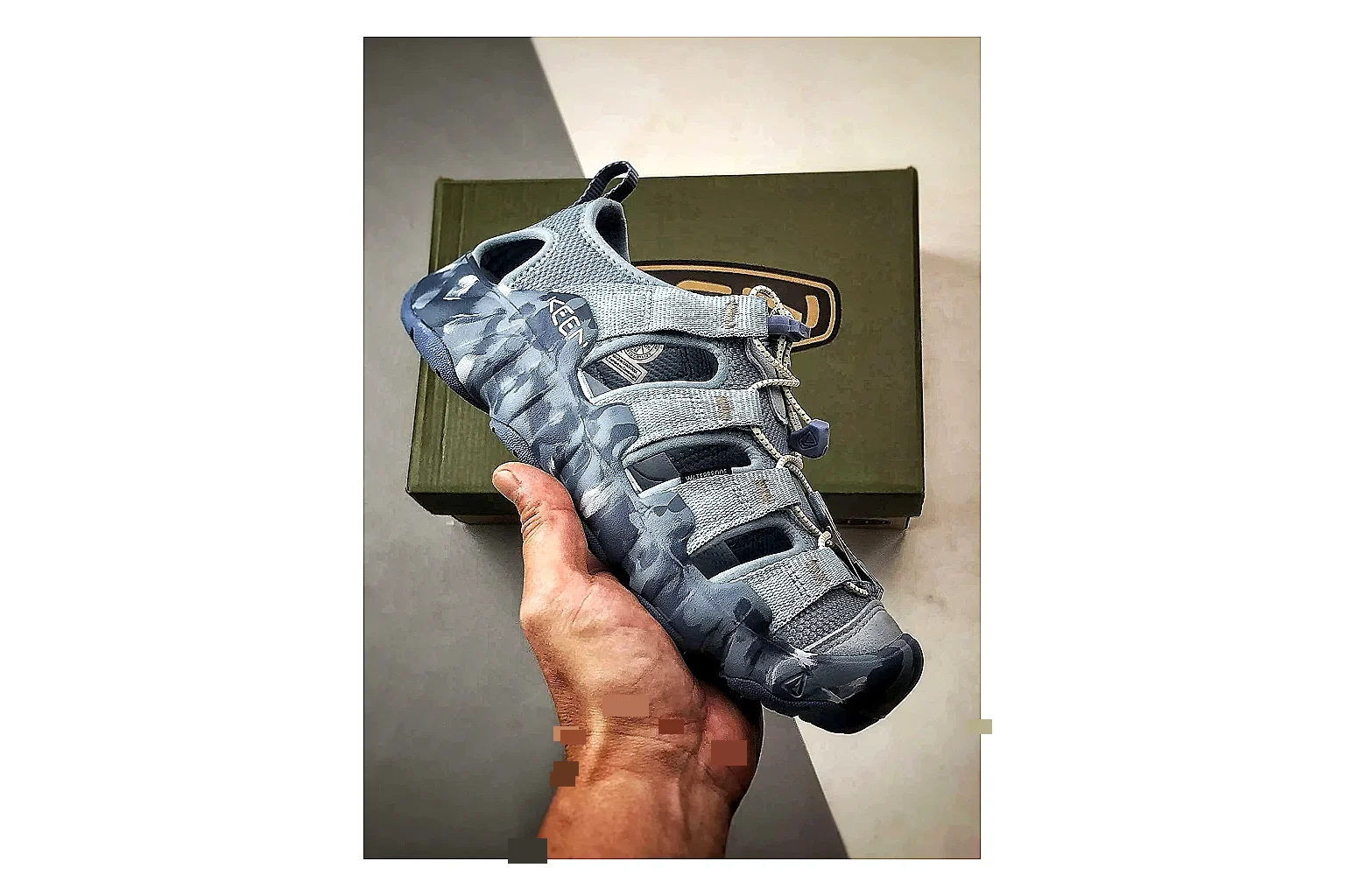 KEEN Jasper Sandal Blue Gray spreadsheet record photo showing blue gray suede-mesh upper, outdoor sandal silhouette, protective toe area, and trail-casual sole