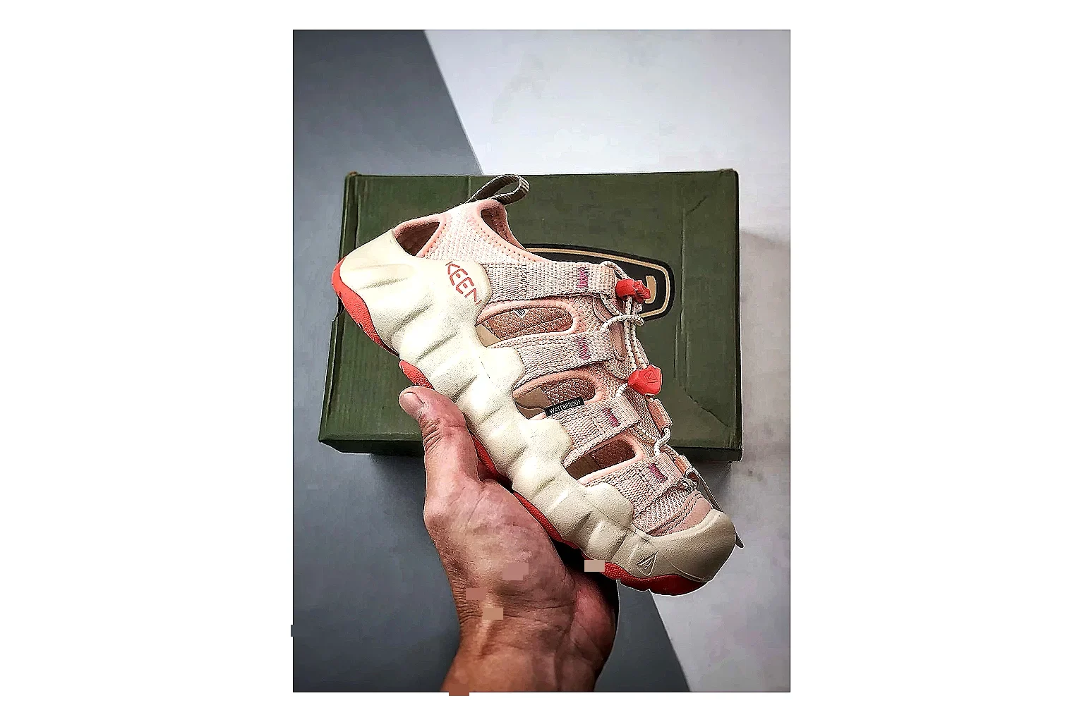 KEEN Jasper Sandal Cream Red spreadsheet record photo showing cream red suede-mesh upper, outdoor sandal openings, protective toe area, and rugged sole