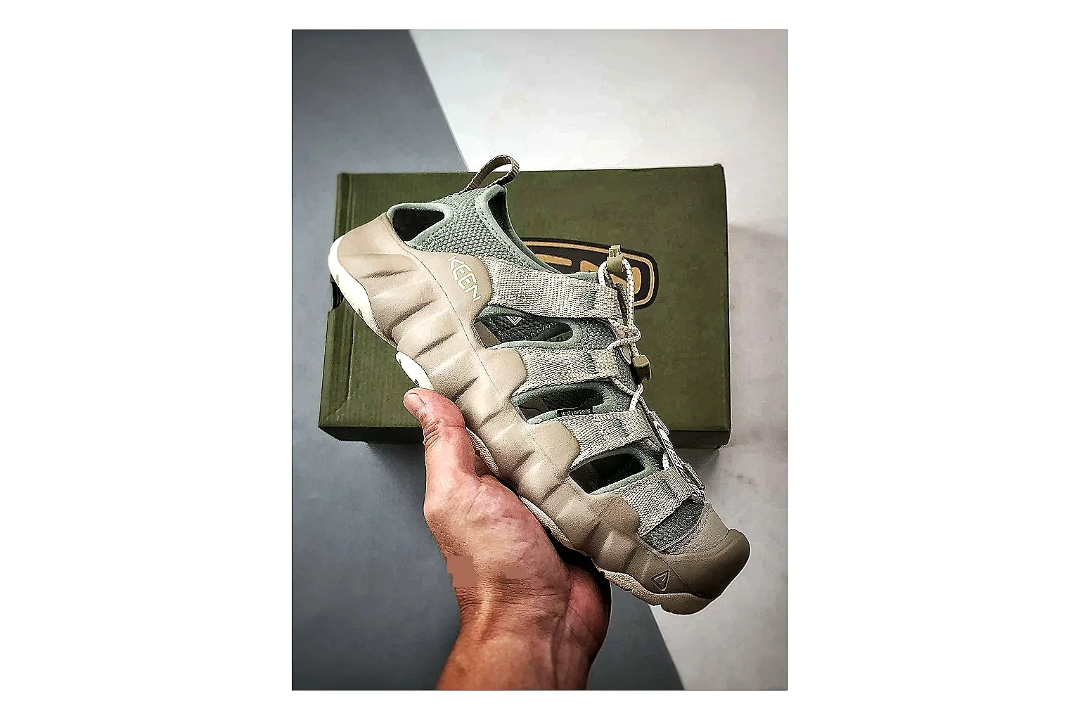 KEEN Jasper Sandal Gray Beige spreadsheet record photo showing gray beige suede-mesh upper, protective toe area, sandal-style openings, and trail-ready sole