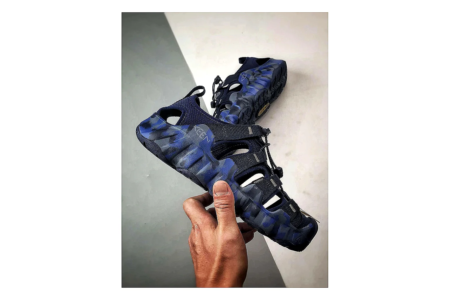 KEEN Jasper Sandal Navy Blue spreadsheet record photo showing navy blue suede-mesh upper, sandal openings, protective front shape, and outdoor casual outsole thumbnail 4