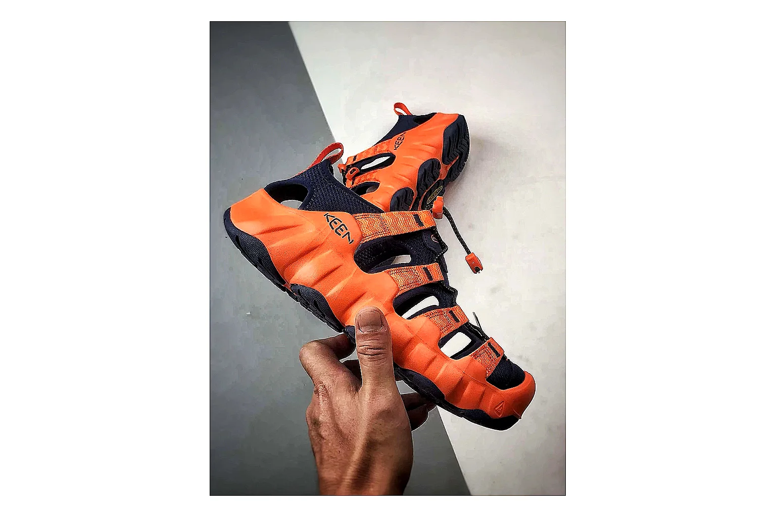 KEEN Jasper Sandal Orange Black spreadsheet record photo showing orange black suede-mesh upper, protective sandal structure, outdoor toe coverage, and rugged sole