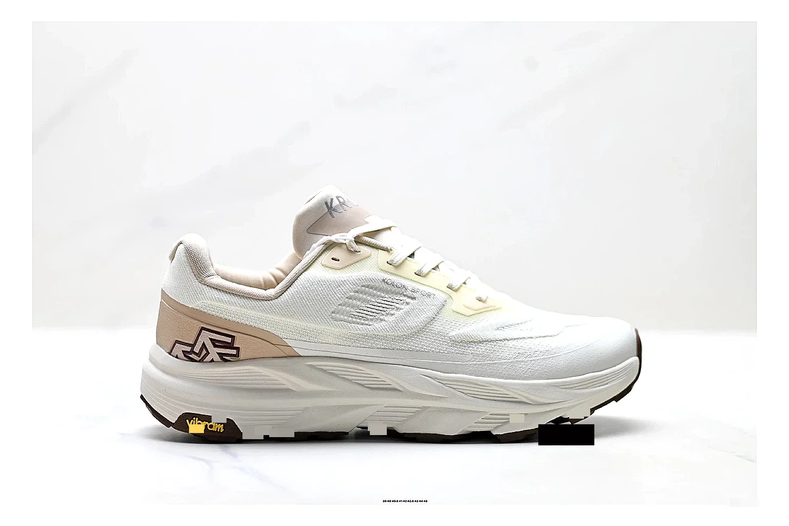 KOLON SPORT Krus V White Tan Sneakers spreadsheet record image with white tan outdoor sneakers with mesh-leather texture, side-profile shape, upper panel lines, and outsole detail