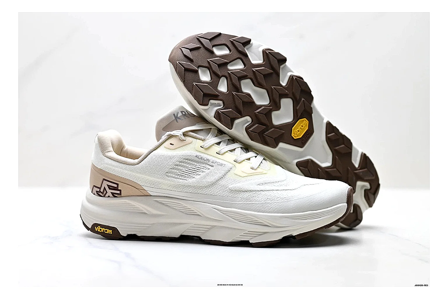 KOLON SPORT Krus V White Tan Sneakers spreadsheet record image with white tan outdoor sneakers with mesh-leather texture, side-profile shape, upper panel lines, and outsole detail thumbnail 5
